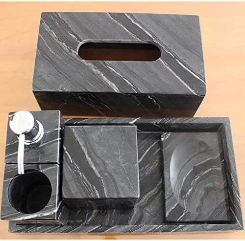 ست لوازم جانبی حمام ساخته شده از سنگ طبیعی، چوب مشکی و مرمر - ست لوازم جانبی حمام 6 تکه شامل جا مایع صابون، جا مسواکی، لیوان و سینی جا صابونی و جعبه دستمال کاغذی