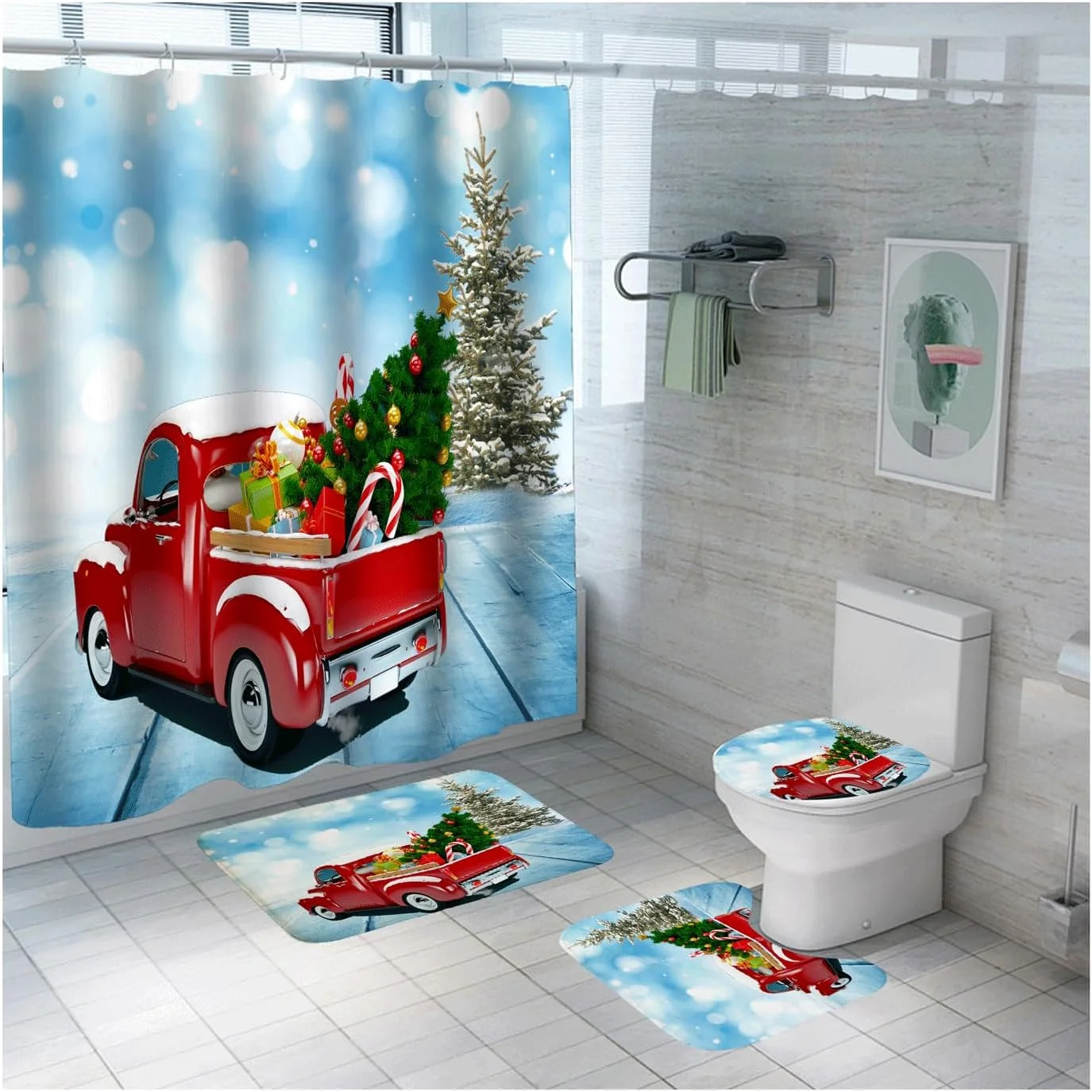 ست پرده حمام طرح کامیون کریسمسی CoastalCharm با 12 عدد حلقه، دارای طرح درخت کریسمس و منظره برفی، به همراه زیرانداز و پادری، مناسب برای دکوراسیون جشن تعطیلات