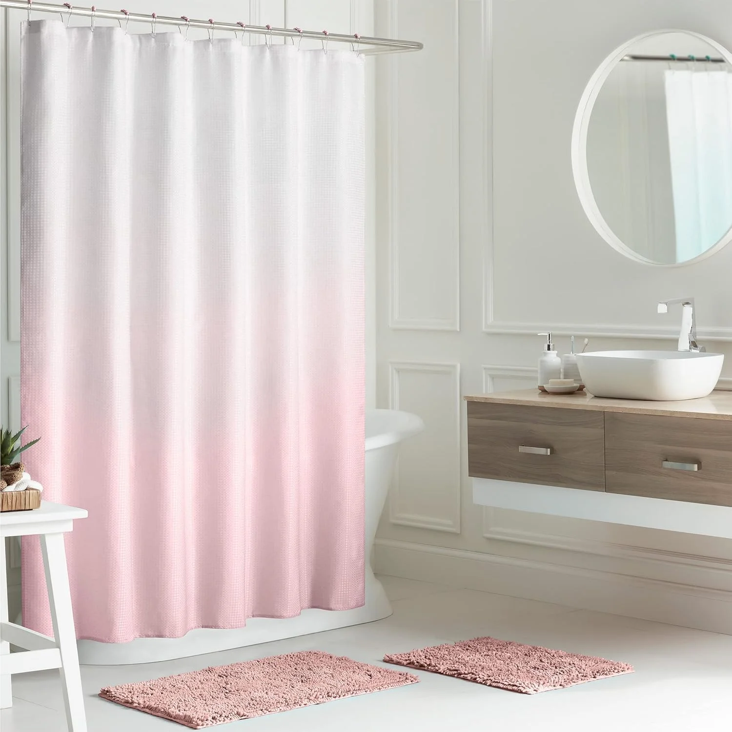 ست لوازم حمام صورتی رنگ Creative Home Ideas به همراه پرده حمام و پادری | ست پرده حمام به همراه پادری شامل پرده حمام، آستر، 2 عدد پادری حوله ای و 12 عدد حلقه | 178x183 سانتی متر | سفید/صورتی گلبهی