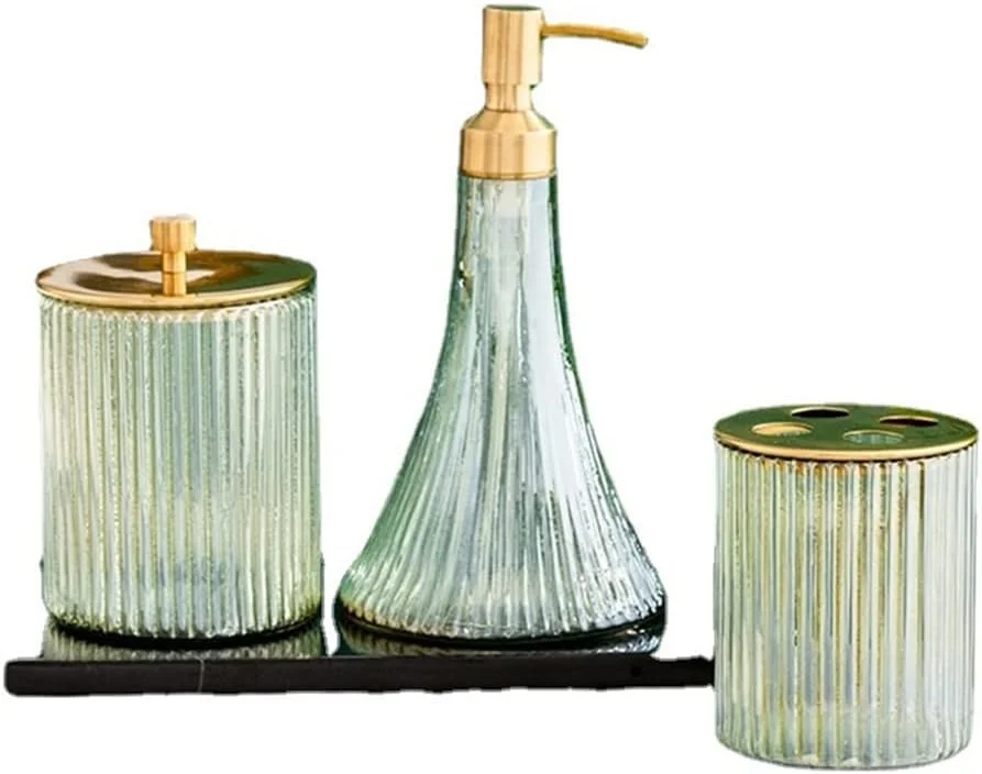 ست لوازم بهداشتی برنجی و شیشه ای خلاقانه، شامل جای مایع دستشویی و جا مسواکی، مناسب منزل، هتل و هدیه