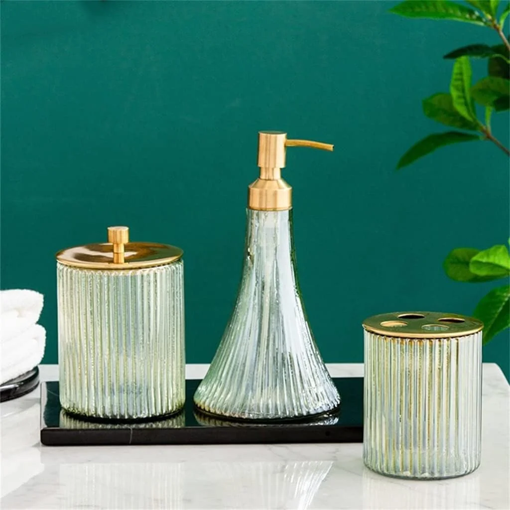 ست لوازم بهداشتی برنجی و شیشه ای خلاقانه، شامل جای مایع دستشویی و جا مسواکی، مناسب منزل، هتل و هدیه
