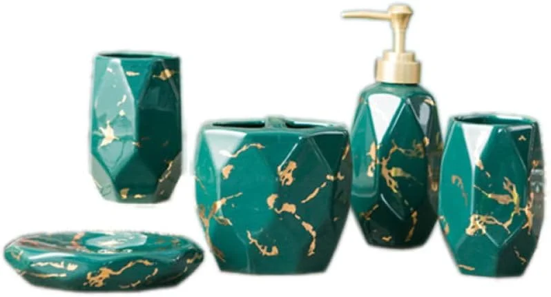 ست لوازم جانبی سرامیکی تزئینی طرح سنگ مرمر برای حمام، شامل جا مایع صابون/لوسیون، جا مسواکی/لیوان، جا صابونی، مناسب برای کانتر حمام منزل و هتل (سبز)