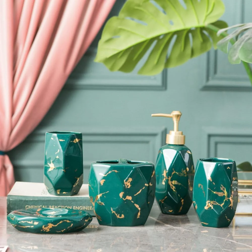 ست لوازم جانبی سرامیکی تزئینی طرح سنگ مرمر برای حمام، شامل جا مایع صابون/لوسیون، جا مسواکی/لیوان، جا صابونی، مناسب برای کانتر حمام منزل و هتل (سبز)