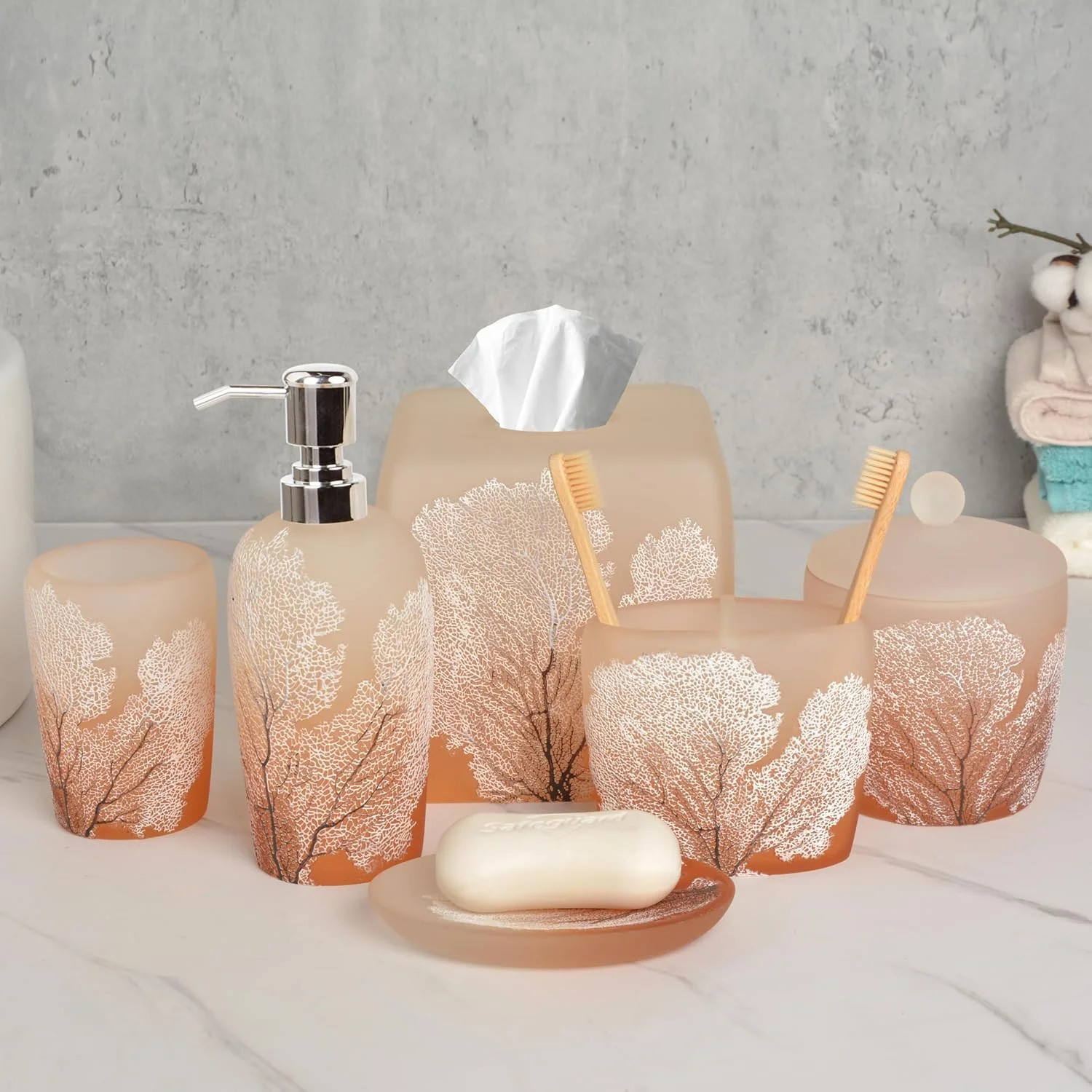 ست لوازم جانبی حمام دکوزن - 6 تکه شامل جا مایع دستشویی، جا مسواکی، جا صابونی، لیوان، جا پنبه و جعبه دستمال کاغذی برای دکوراسیون مدرن و هدیه خانه نویی - نارنجی ست لوازم جانبی حمام دکوزن - 6 تکه شامل جا مایع دستشویی، جا مسواکی، جا صابونی، لیوان، جا پنبه و جعبه دستمال کاغذی برای دکوراسیون مدرن و هدیه خانه نویی - نارنجی