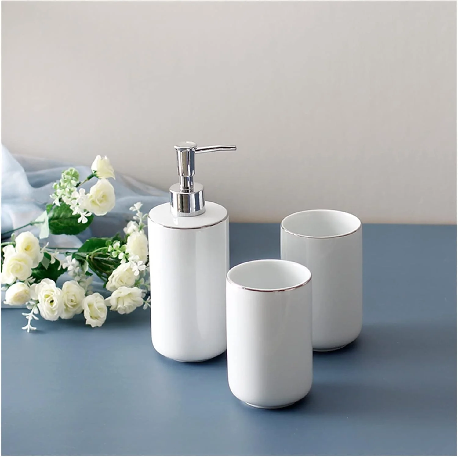 ست جا مایع دستشویی سرامیکی، لوازم حمام، سبک نوردیک، ست سه تکه شامل لیوان دهانشویه و جا مسواکی، دکور خانه