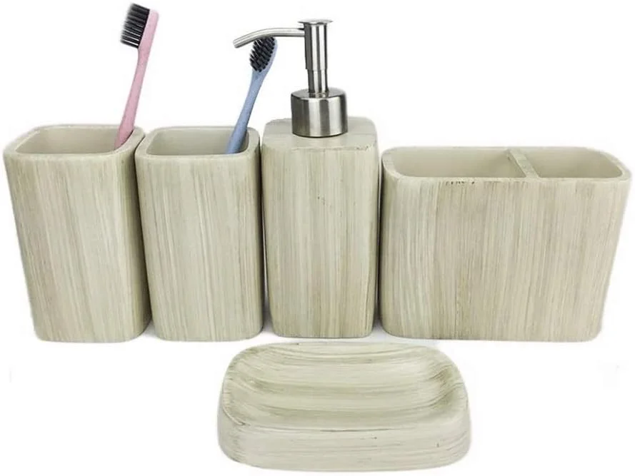 ست لوازم جانبی حمام، شامل 5 تکه، طرح مرمر و چوب، شامل پمپ مایع دستشویی، جا مسواکی، لیوان و جا صابونی