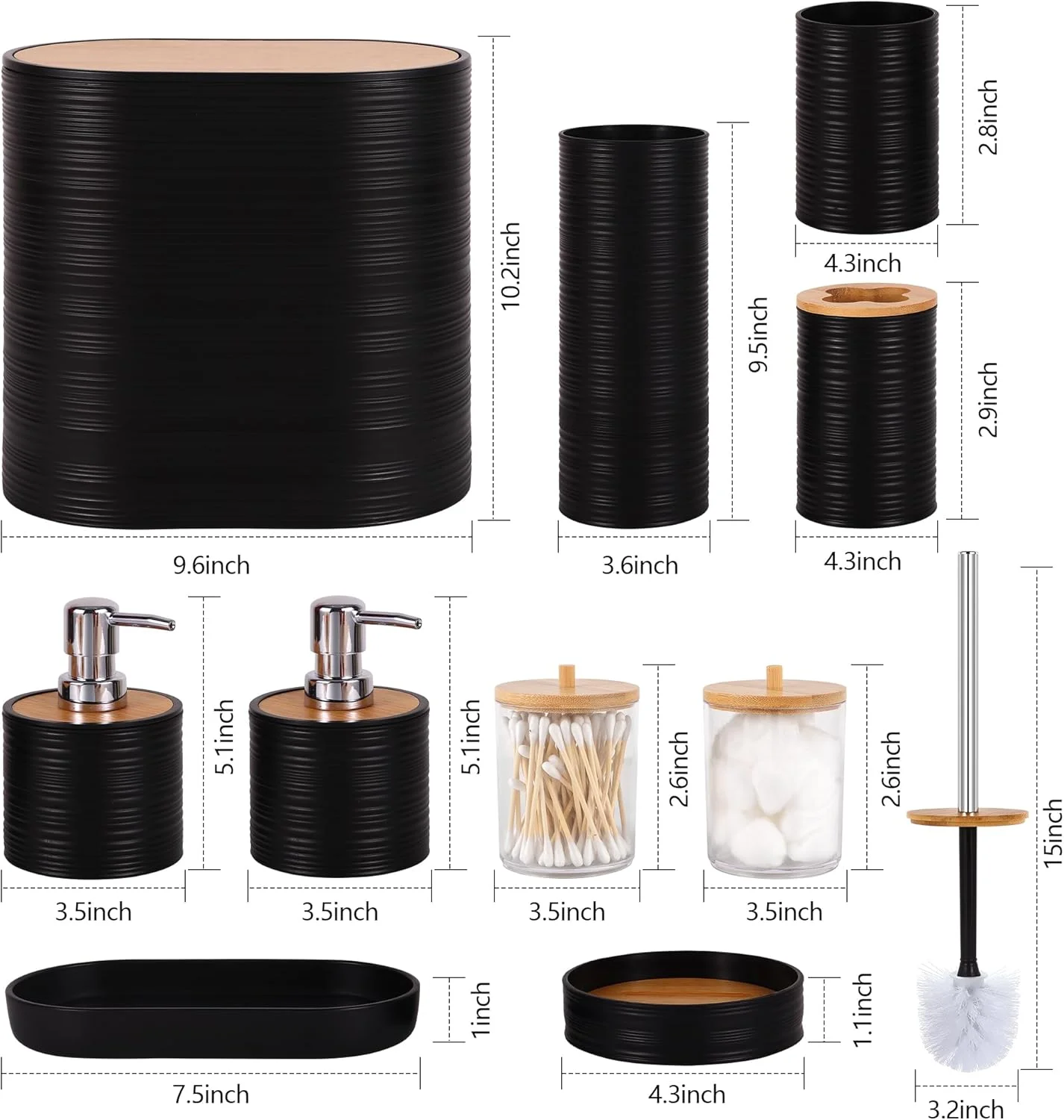 ست لوازم جانبی حمام، ست 10 تکه سفید رنگ با سطل زباله، جا مسواکی، جا مایع صابون، لیوان مسواک، سینی، جا صابونی، برس توالت، جا پنبه ای (مشکی، ست حمام) ست لوازم جانبی حمام، ست 10 تکه سفید رنگ با سطل زباله، جا مسواکی، جا مایع صابون، لیوان مسواک، سینی، جا صابونی، برس توالت، جا پنبه ای (مشکی، ست حمام)