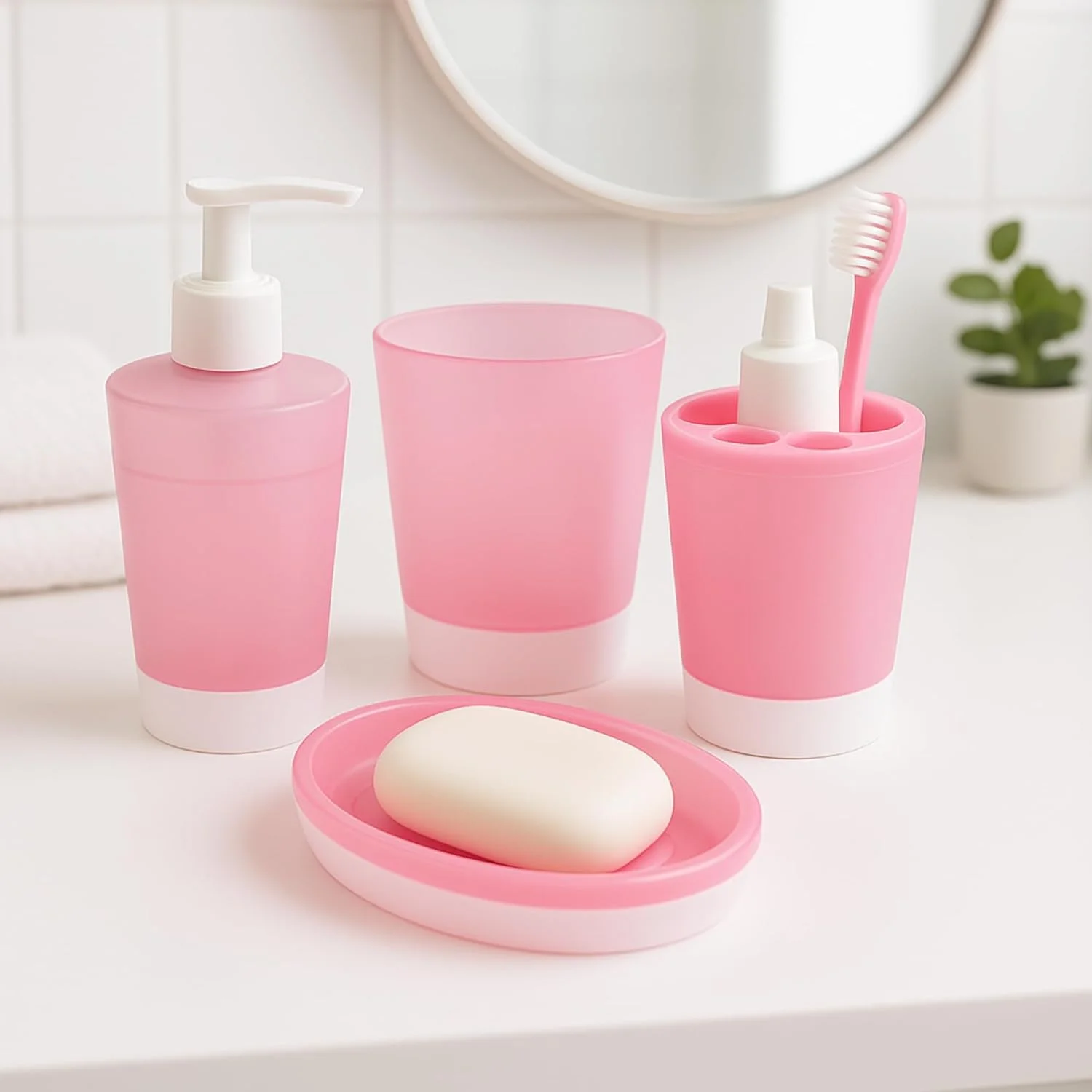 ست ۴ تکه پلاستیکی نشکن صورتی رنگ حمام مای پیکامپانی: جا مایع صابون، جا صابونی، لیوان، جا مسواکی، لوازم جانبی حمام کودک و بزرگسال با طراحی زیبا (صورتی)