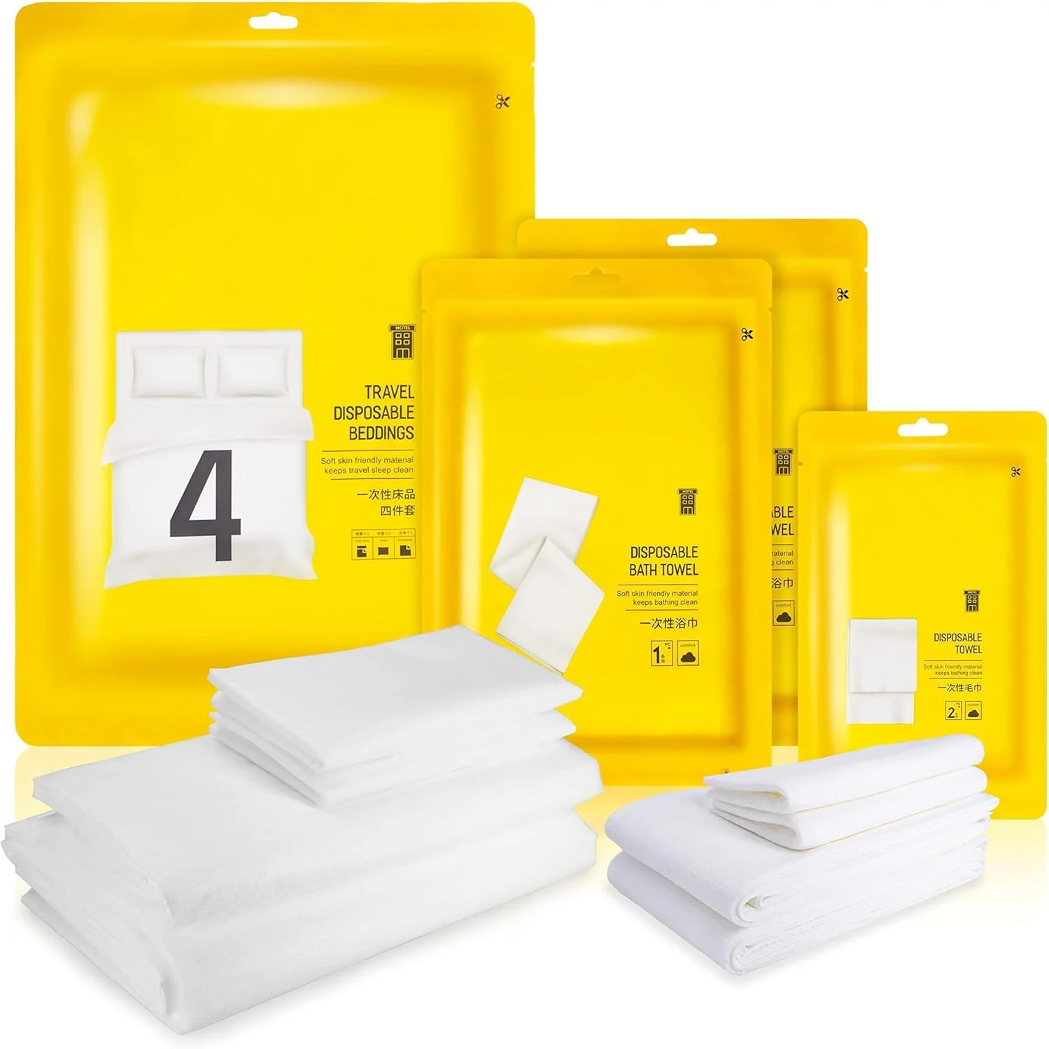 AOHRYME ست ملحفه یکبار مصرف 8 تکه شامل ملحفه مسافرتی برای هتل، ملحفه یکبار مصرف برای پوشش نرم و تنفسی تخت، ملحفه، روبالشتی، ست حوله برای سفر، هتل، اسپا، کمپینگ، اقامت شبانه