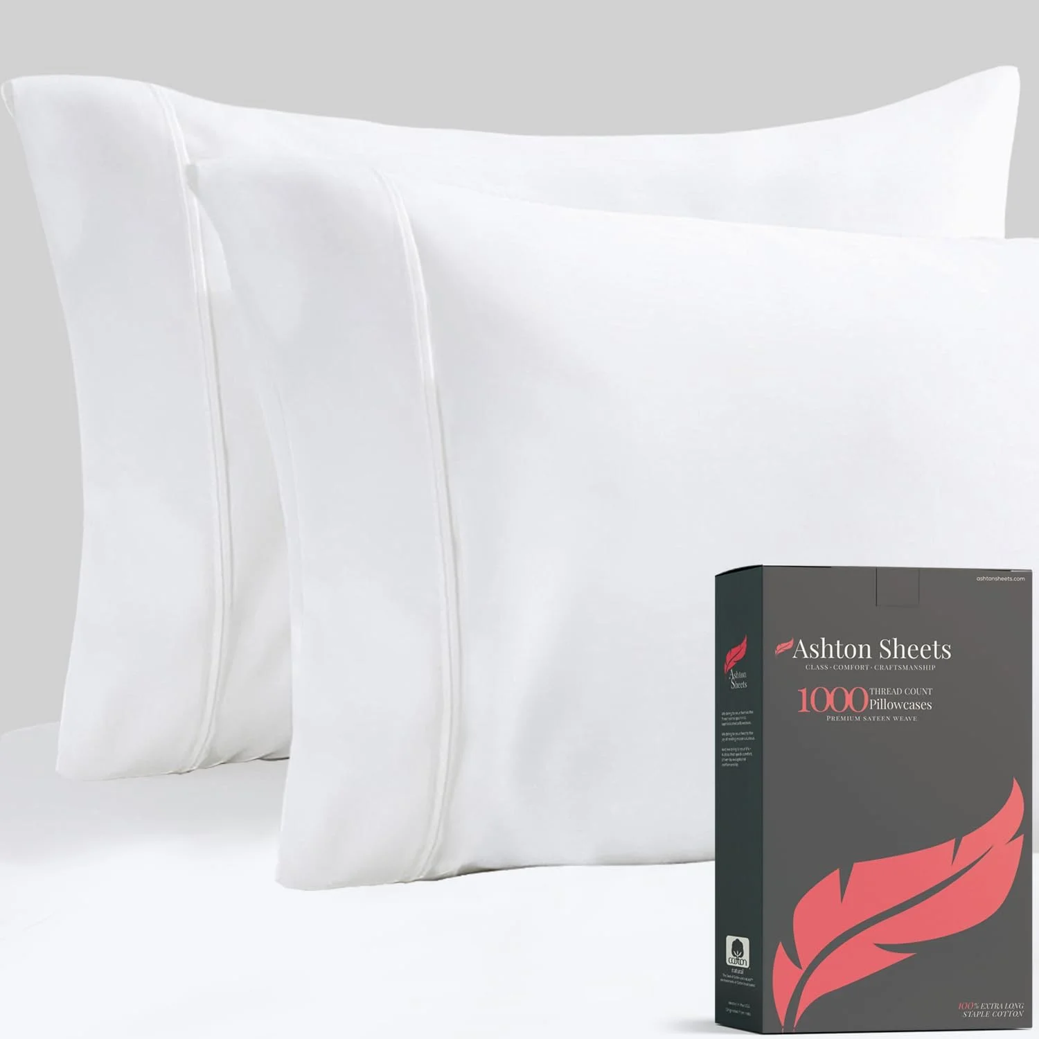 رو بالشی های لوکس اشتون، ست 2 عددی، مناسب سایز استاندارد/کوئین، تهیه شده از پنبه مصری، با تراکم 1000، سفید، با بافت ساتن و خنک