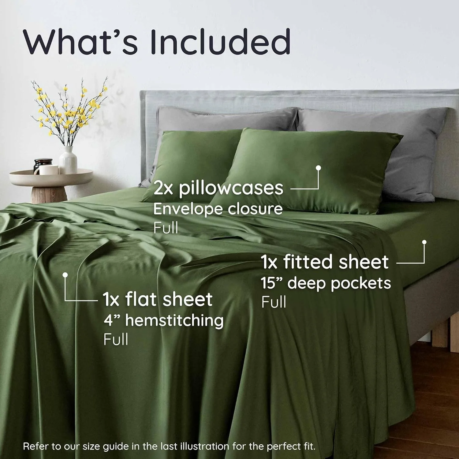 ست ملحفه کامل 4 تکه بامبو – ملحفه های سایز کامل تهیه شده از 100% ویسکوز مشتق شده از بامبو، ملحفه های خنک کننده برای افراد گرمایی، با بندهای کشی گوشه (زیتونی)