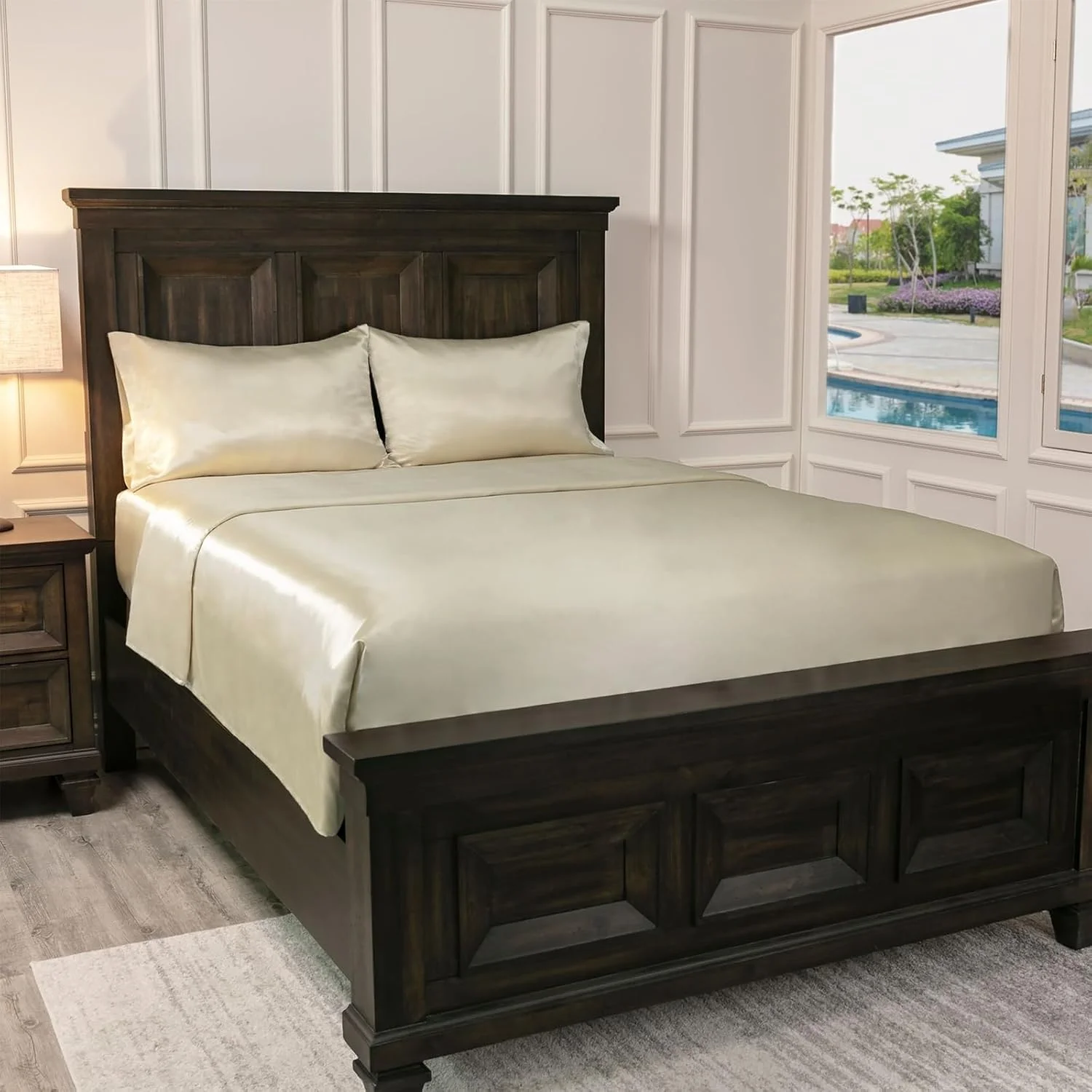 ست ملحفه ساتن لوکس بالتیک لینن، سایز کامل، رنگ عاجی، ست 4 تکه