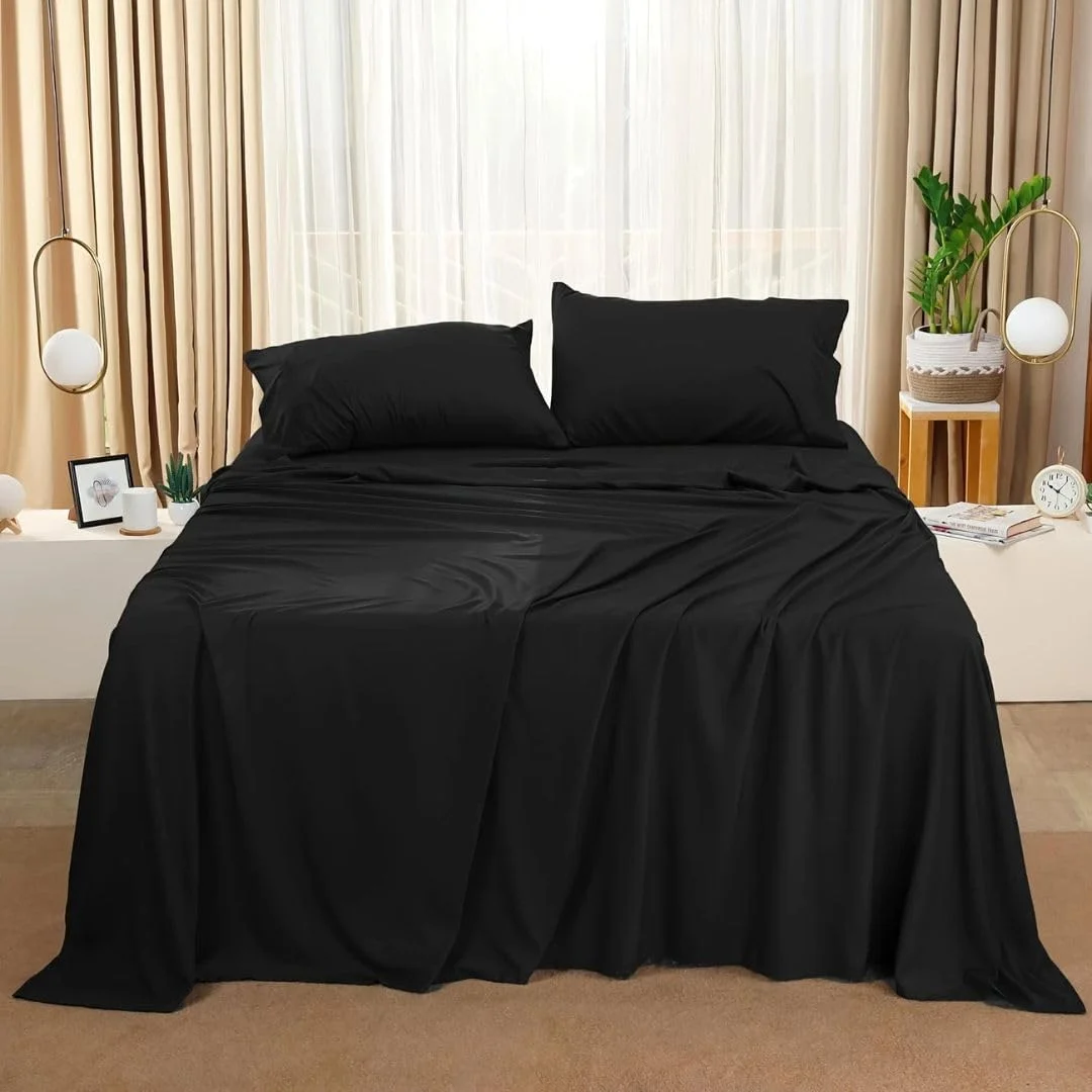 ست ملحفه 4 تکه لوکس Bedding Zone - میکروفایبر 100% فوق العاده نرم - شامل 1 ملحفه رو، 1 ملحفه کش دار و 2 روبالشی - مقاوم در برابر محو شدن، بدون چروک (مشکی، یک نفره)