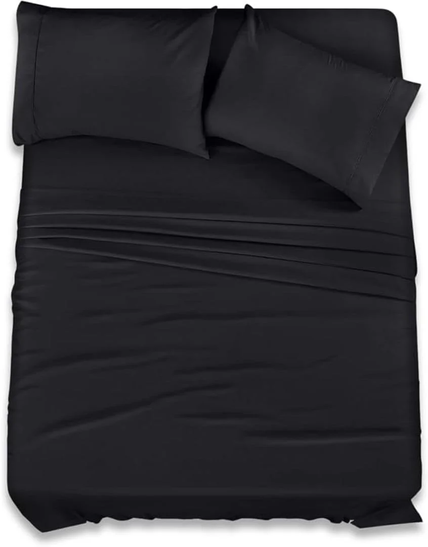 ست ملحفه 4 تکه لوکس Bedding Zone - میکروفایبر 100% فوق العاده نرم - شامل 1 ملحفه رو، 1 ملحفه کش دار و 2 روبالشی - مقاوم در برابر محو شدن، بدون چروک (مشکی، یک نفره)