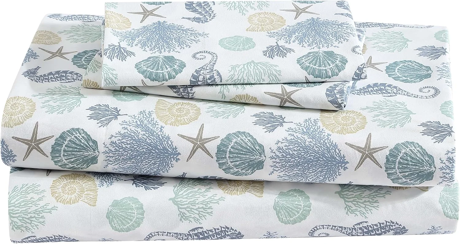 ست ملحفه میکروفایبر طرح ساحلی Beatrice Home Fashions، نرم و راحت، جیب های 12 اینچی، سایز کوئین، Briella