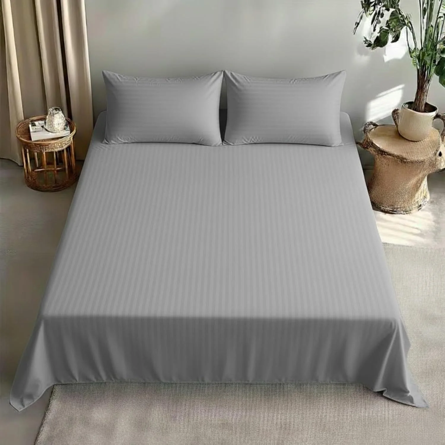 ست ملحفه تخت خواب دونفره سه تکه، ساتن میکروفایبر 100% راه راه 1 سانتی متری، اندازه: 240x260 سانتی متر + 2 عدد روبالشتی 50x75 سانتی متر، (خاکستری)