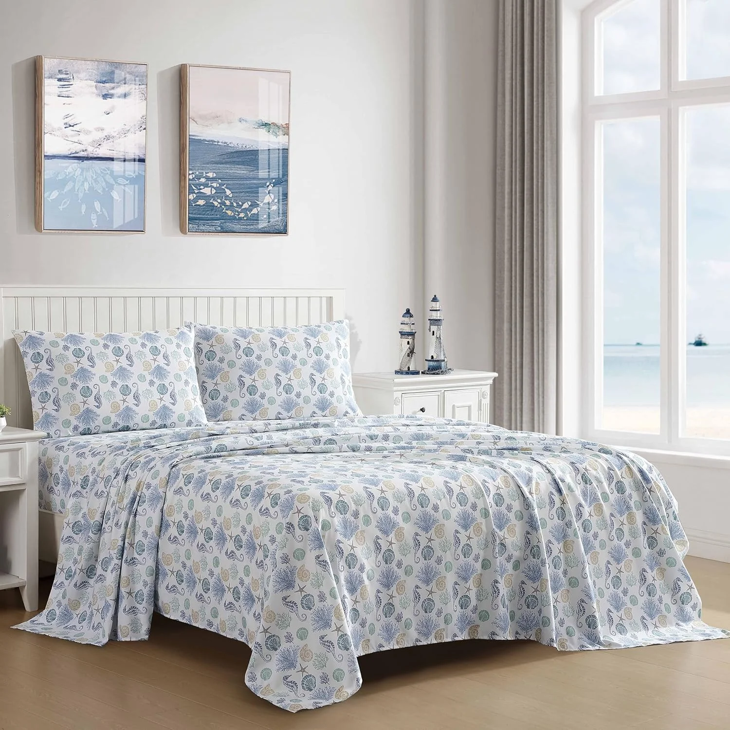 ست ملحفه میکروفایبر طرح ساحلی Beatrice Home Fashions، نرم و راحت، جیب های 12 اینچی، سایز کوئین، Briella ست ملحفه میکروفایبر طرح ساحلی Beatrice Home Fashions، نرم و راحت، جیب های 12 اینچی، سایز کوئین، Briella