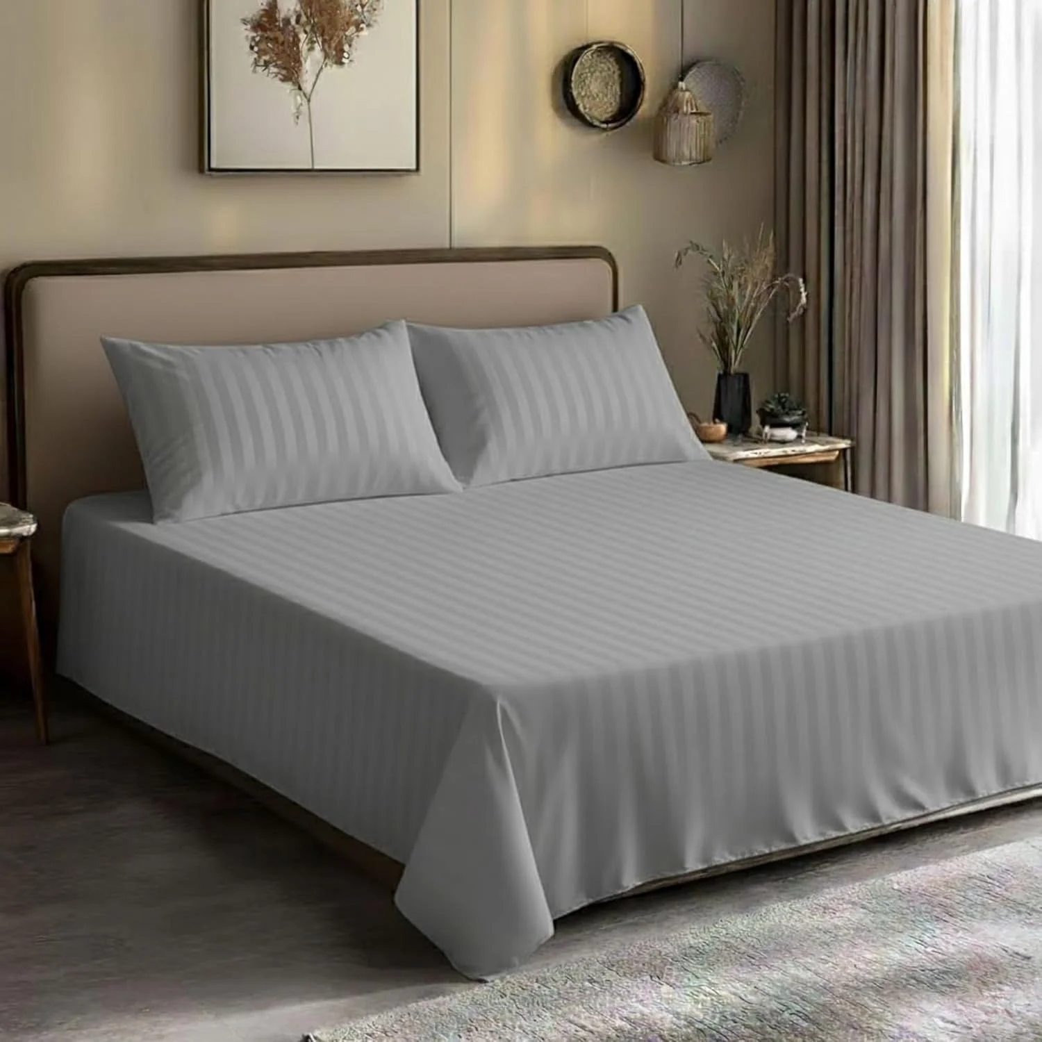 ست ملحفه تخت خواب دونفره سه تکه، ساتن میکروفایبر 100% راه راه 1 سانتی متری، اندازه: 240x260 سانتی متر + 2 عدد روبالشتی 50x75 سانتی متر، (خاکستری)