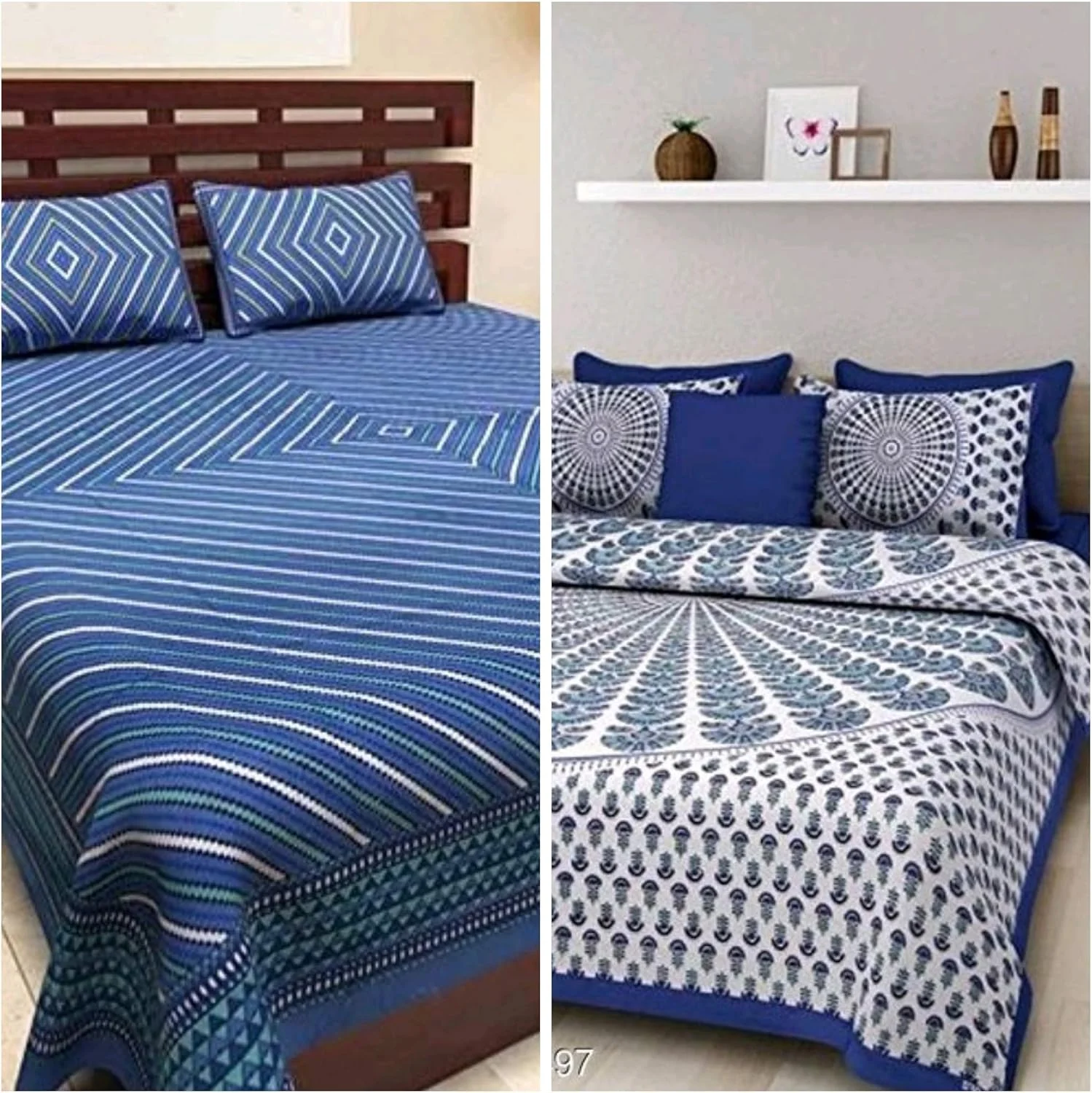 ست ملحفه دو نفره BedZone 100% پنبه راجستانی جیپوری، شامل 2 عدد ملحفه دو نفره با 4 عدد روبالشی - ست ملحفه آبی