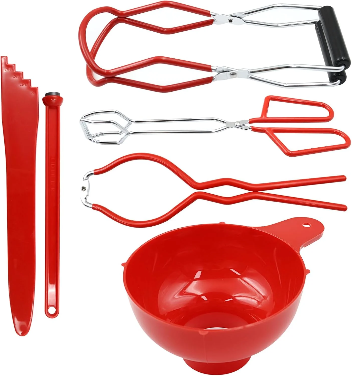 مجموعه ۶ تکه لوازم کنسرو کردن POFET، ابزار اولیه برای تهیه کنسرو شامل قیف کنسرو، بالابر مغناطیسی شیشه، آچار شیشه، انبر درب کنسرو، برچسب کنسرو و ابزار حباب گیر (قرمز) مجموعه ۶ تکه لوازم کنسرو کردن POFET، ابزار اولیه برای تهیه کنسرو شامل قیف کنسرو، بالابر مغناطیسی شیشه، آچار شیشه، انبر درب کنسرو، برچسب کنسرو و ابزار حباب گیر (قرمز)