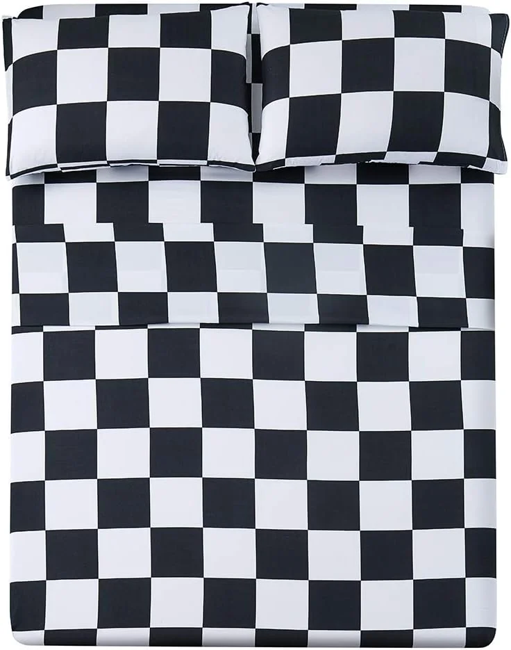 ست ملحفه سه تکه فصل برتر - سایز یک نفره - ست ملحفه میکروفایبر نرم و بادوام، جیب عمیق، مقاوم در برابر لک، محو شدن و چروک (چهارخانه سیاه و سفید)