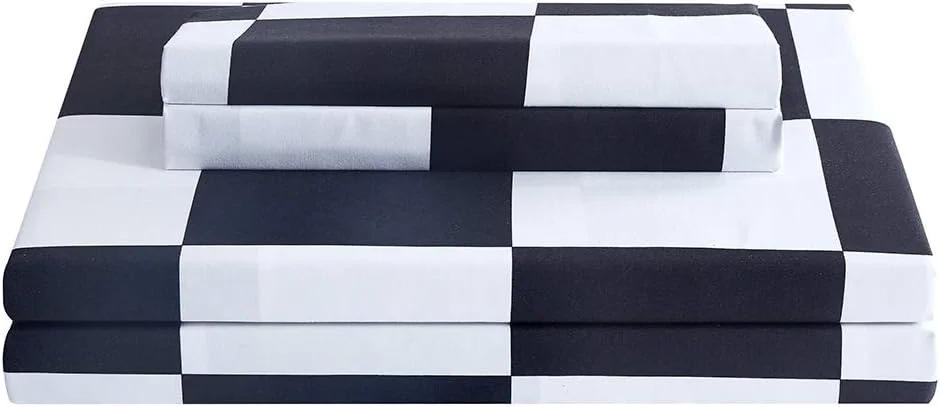 ست ملحفه سه تکه فصل برتر - سایز یک نفره - ست ملحفه میکروفایبر نرم و بادوام، جیب عمیق، مقاوم در برابر لک، محو شدن و چروک (چهارخانه سیاه و سفید)