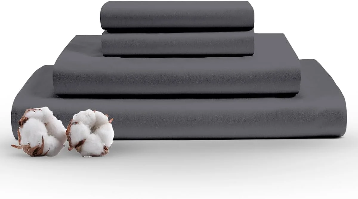 ست ملحفه کالیفرنیا کینگ Bishop Cotton، ست ملحفه سایز کالیفرنیا کینگ 100% پنبه مصری با تراکم 1000، ست 4 تکه شامل ملحفه با جیب عمیق 16 اینچی و روبالشی مناسب منزل و هتل - خاکستری تیره