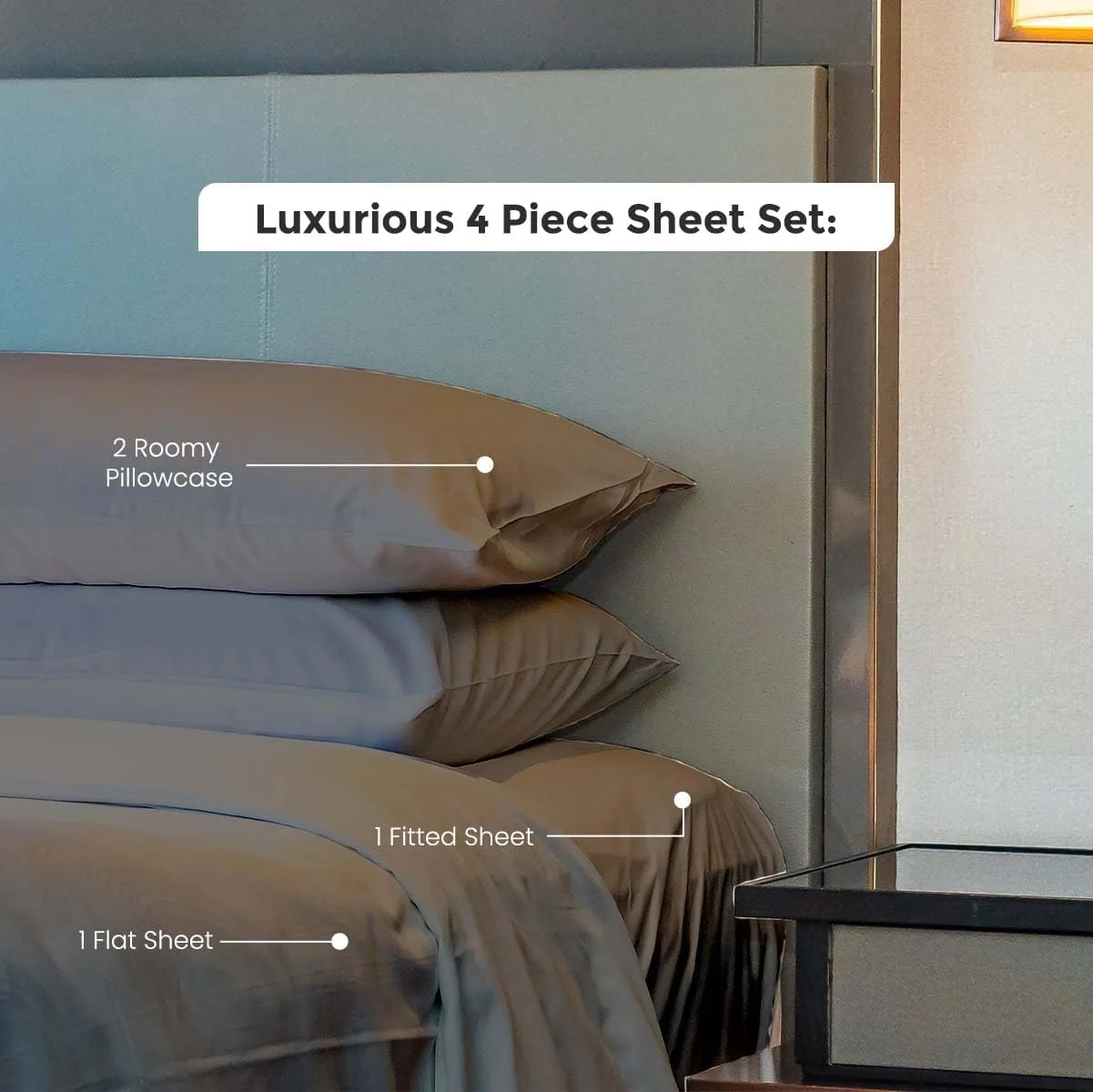 ست ملحفه کالیفرنیا کینگ Bishop Cotton، ست ملحفه سایز کالیفرنیا کینگ 100% پنبه مصری با تراکم 1000، ست 4 تکه شامل ملحفه با جیب عمیق 16 اینچی و روبالشی مناسب منزل و هتل - خاکستری تیره