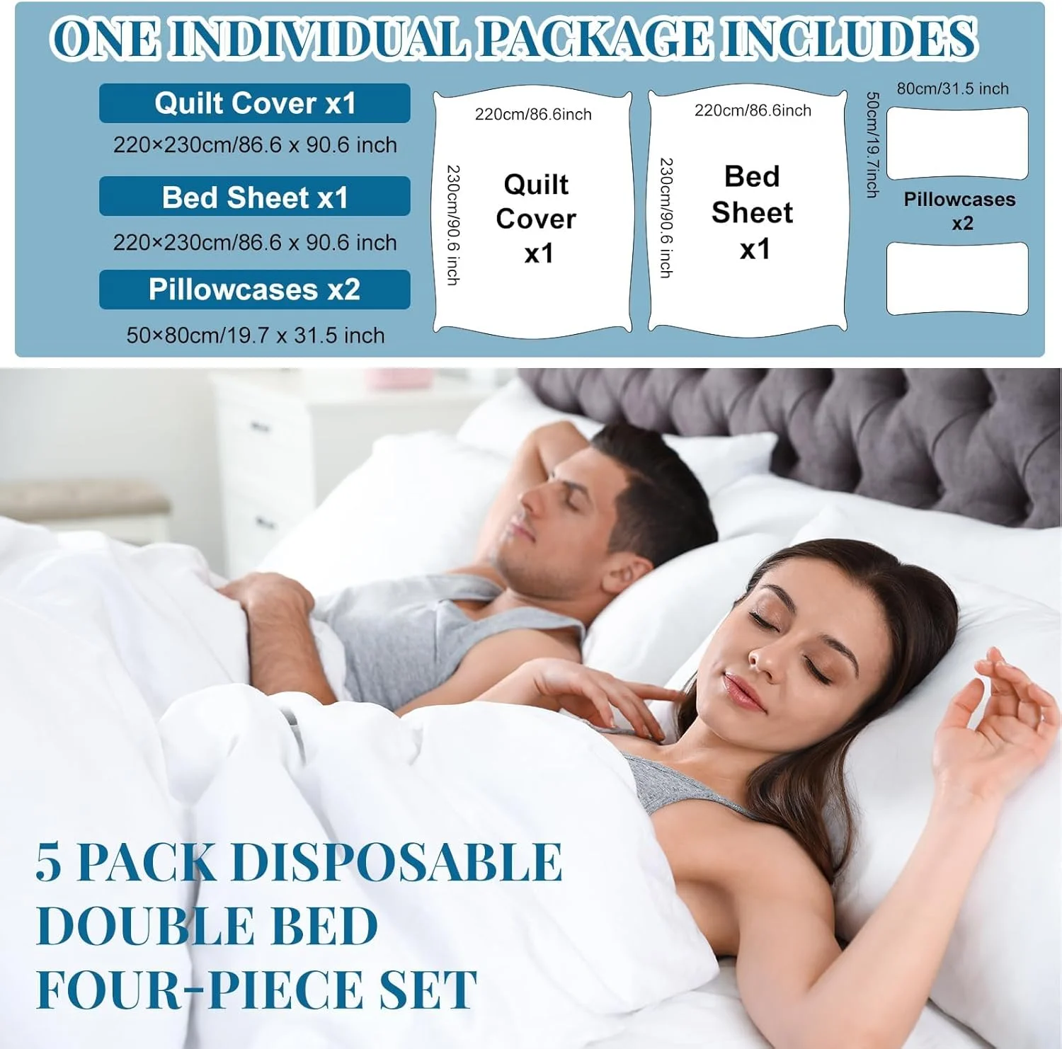 BIGTHREE 5 ست ملحفه یکبار مصرف، ملحفه های مسافرتی یکبار مصرف و ملحفه های یکبار مصرف قابل حمل برای هتل، شامل ملحفه، روکش لحاف و روکش بالش