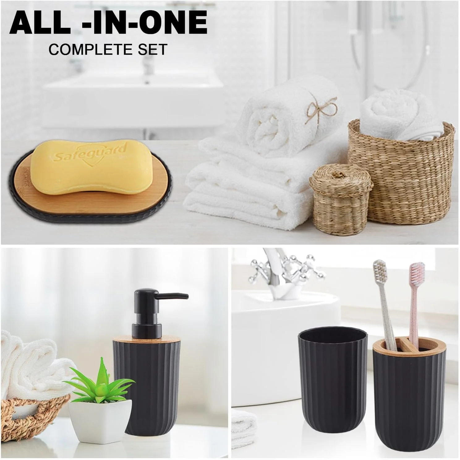 ست لوازم جانبی پلاستیکی مشکی 5 تکه Duscdesp برای حمام با روکش بامبو. شامل جا مایع دستشویی، جا مسواکی، لیوان، جا صابونی و سینی.