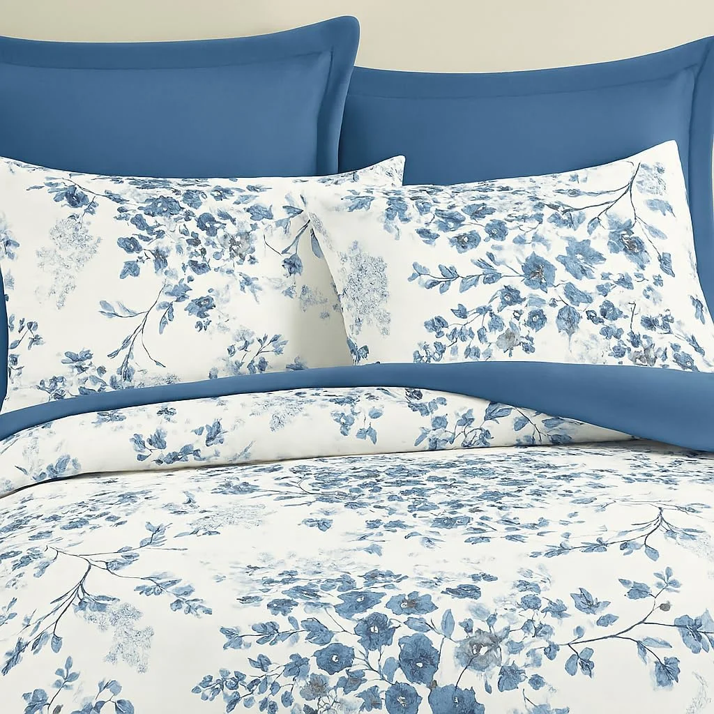 ست ملحفه طرح گل آبی سایز کینگ – ست سه تکه ملحفه میکروفایبر مقاوم در برابر چروک – زمینه سفید شیک با طرح های آبی – ملحفه 250x270 سانتی متر + 2 روبالشتی - 75 X 50 سانتی متر