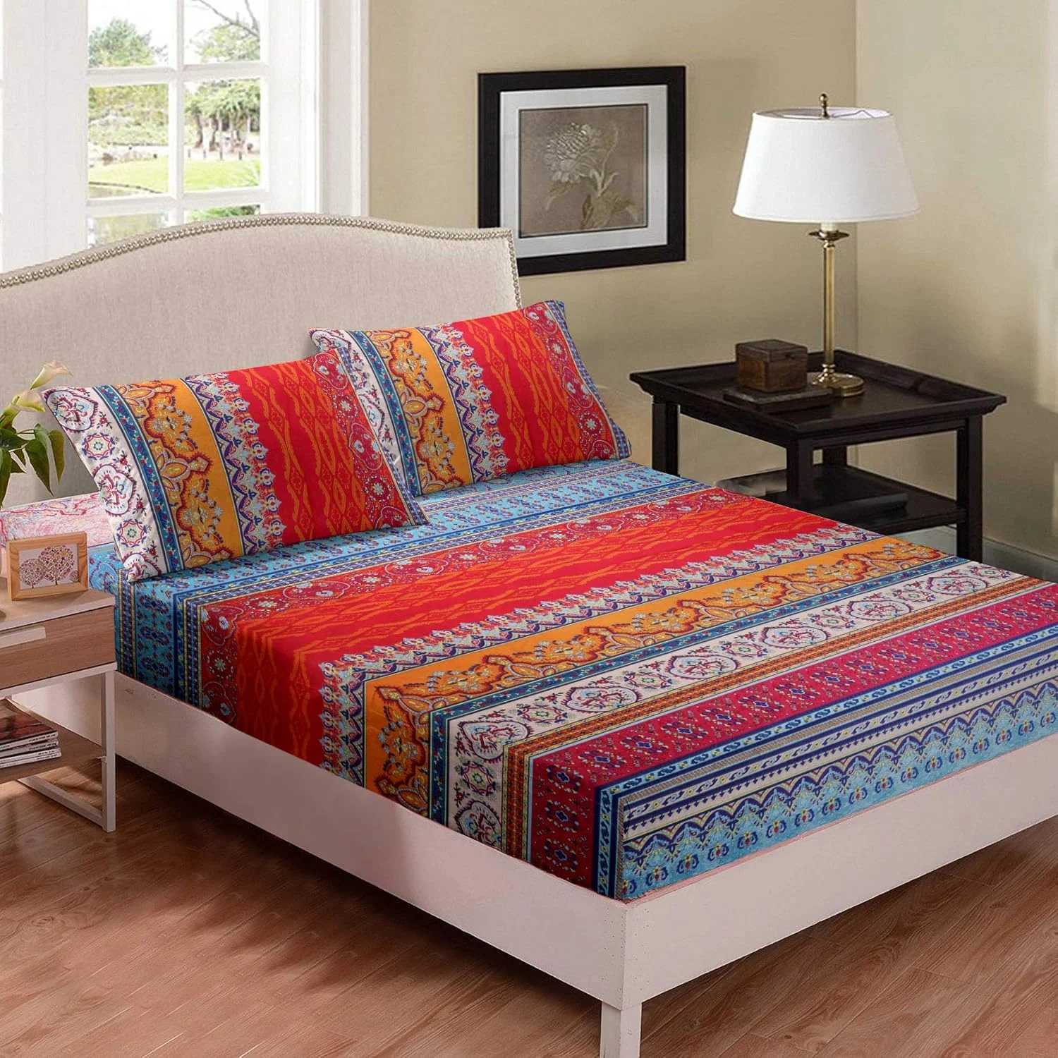 ملحفه های تخت یک نفره طرح بوهو، ست ملحفه 3 تکه میکروفایبر فوق العاده نرم، ملحفه های راه راه قبیله ای رنگارنگ + ملحفه های کش دار با عمق زیاد + ملحفه تخت معمولی + رو بالشتی دکوری طرح قدیمی