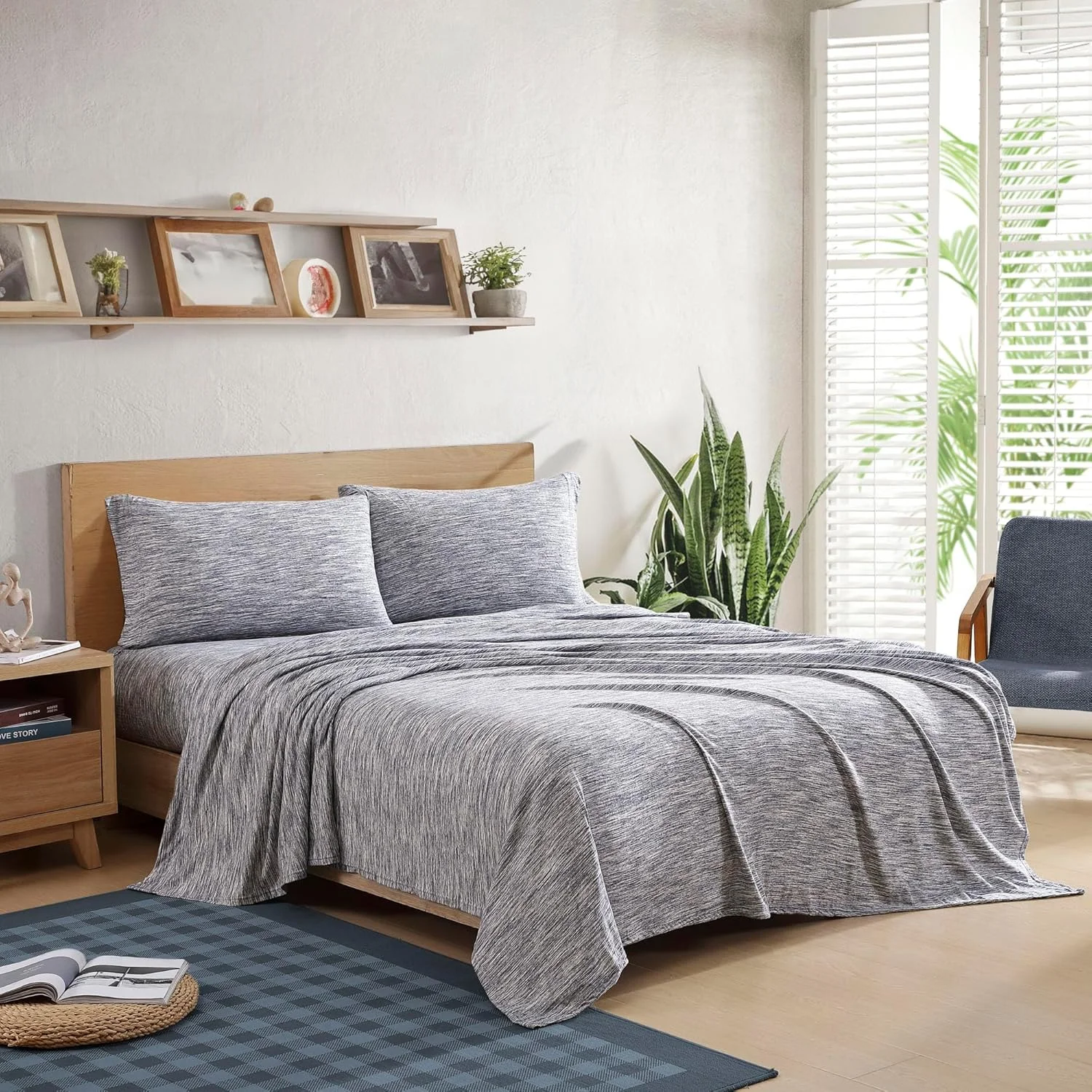 ست ملحفه کشباف پنبه ای بریل (تی شرت)، یک نفره، سرمه ای ملانژ تیره