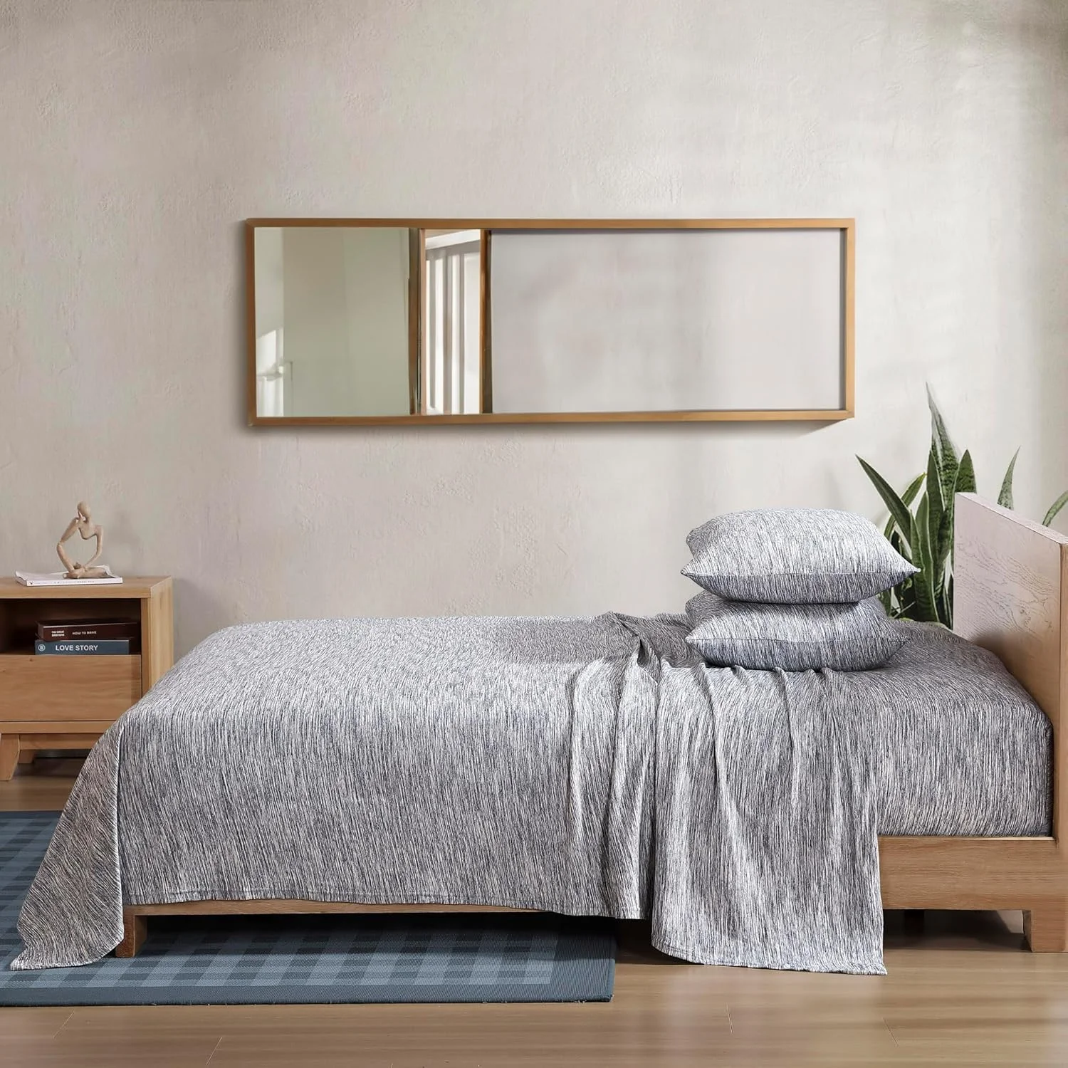 ست ملحفه کشباف پنبه ای بریل (تی شرت)، یک نفره، سرمه ای ملانژ تیره