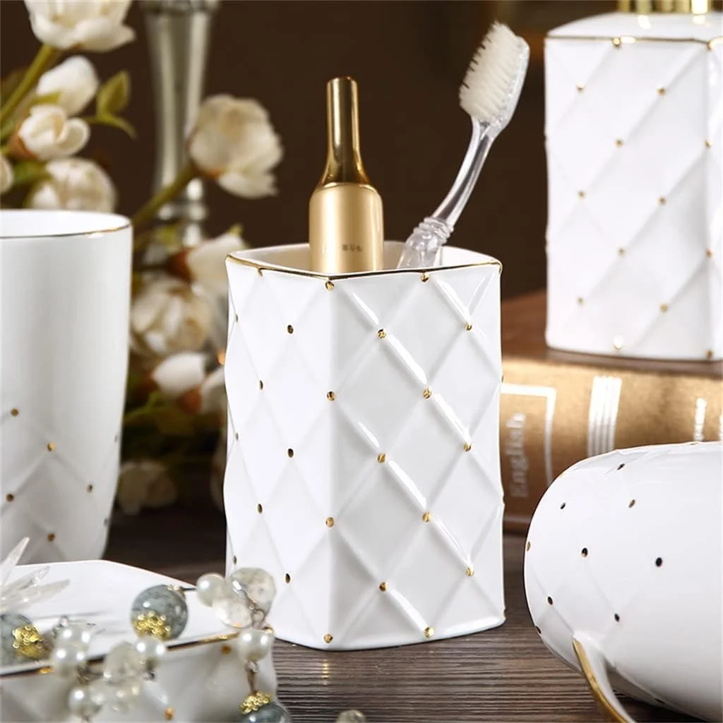 ست پنج تکه لوازم بهداشتی سرامیکی استخوان چینی، مناسب سرویس بهداشتی، شامل جا مسواکی، لیوان دهانشویه و ست شستشو