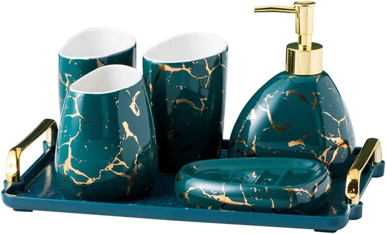 ست لوازم بهداشتی سرامیکی شش تکه برای حمام، شامل لیوان مسواک، دهانشویه و لوازم جانبی حمام ست لوازم بهداشتی سرامیکی شش تکه برای حمام، شامل لیوان مسواک، دهانشویه و لوازم جانبی حمام