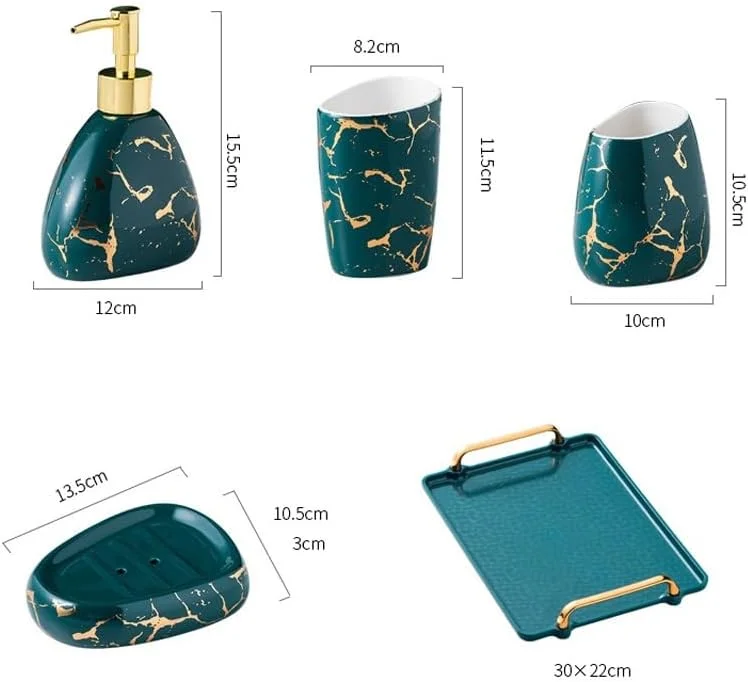 ست لوازم بهداشتی سرامیکی شش تکه برای حمام، شامل لیوان مسواک، دهانشویه و لوازم جانبی حمام