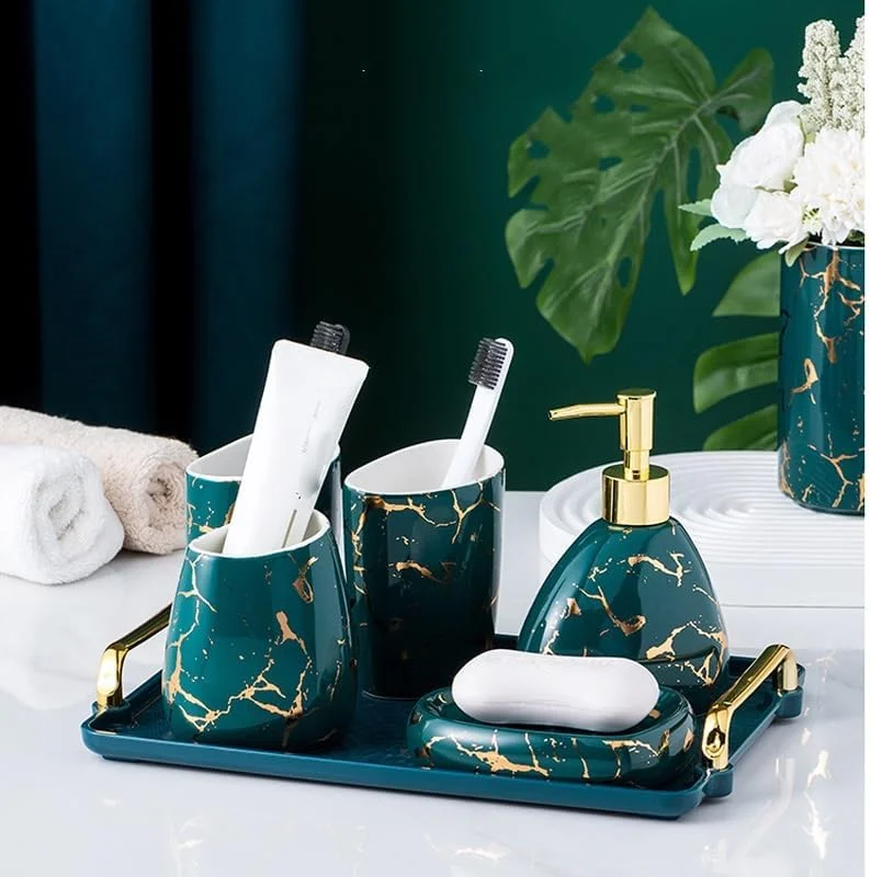 ست لوازم بهداشتی سرامیکی شش تکه برای حمام، شامل لیوان مسواک، دهانشویه و لوازم جانبی حمام