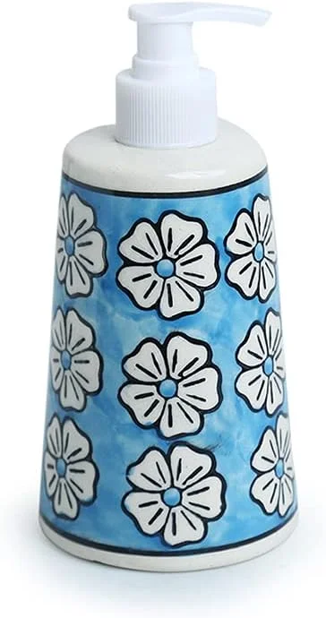 ست لوازم جانبی سرامیکی دست ساز 'Turquoise Mogra' ExclusiveLane برای حمام منزل (جا مایع دستشویی، جا مسواکی)