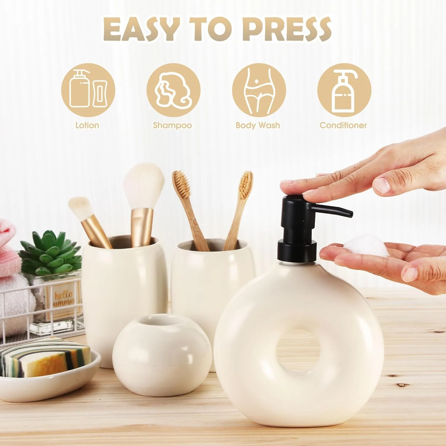 ست لوازم جانبی سرامیکی 5 تکه FoldTier برای حمام، ست رومیزی حمام بژ شامل جا مایع صابون، لیوان مسواک، جا مسواکی، جا صابونی و جاشمعی، ست دکور حمام مدرن با لعاب مات