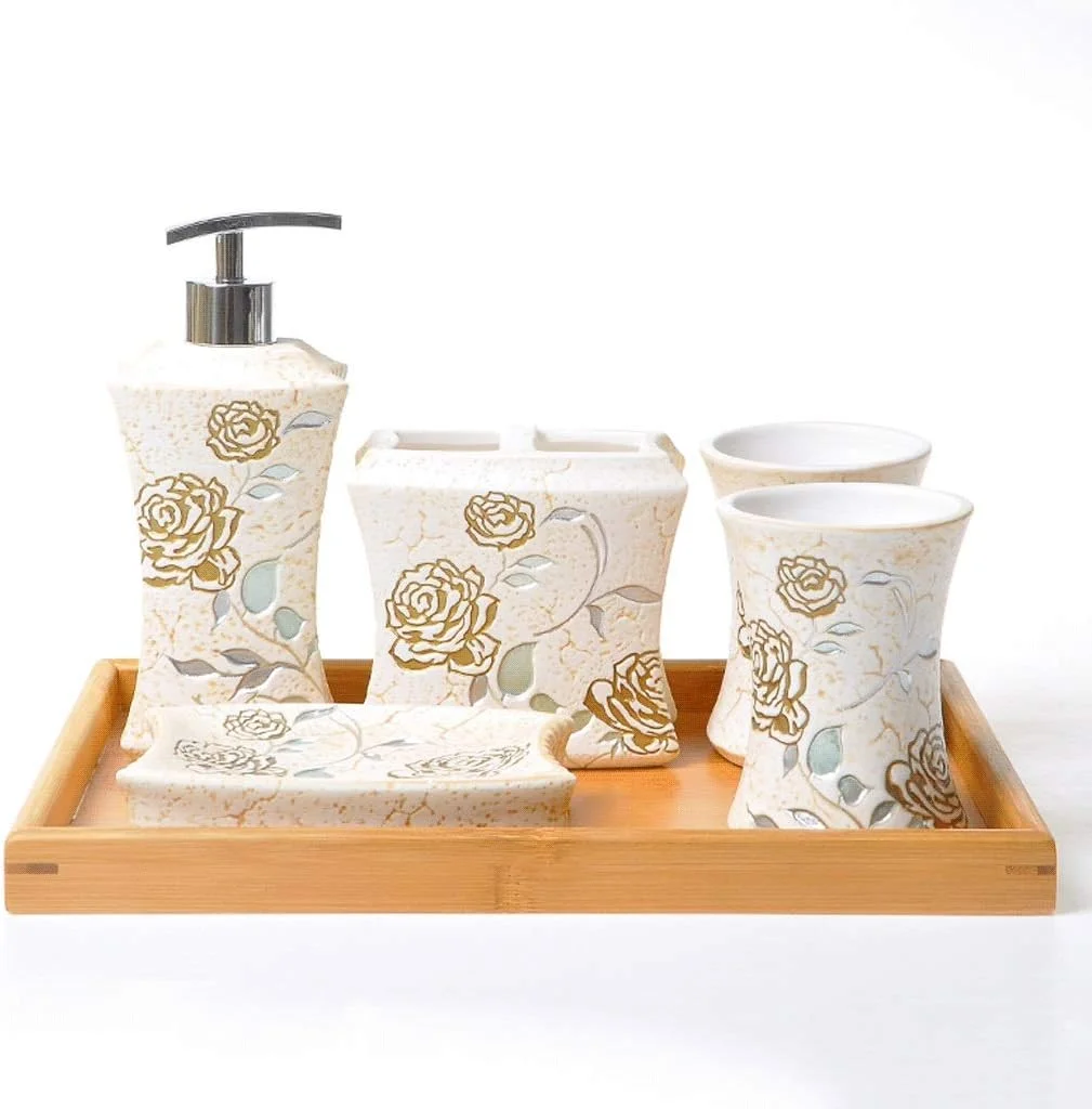 ست لوازم جانبی حمام پمپ پخش کننده گل رز طلایی HMEI، ست حمام 5/6 تکه شامل پخش کننده صابون، جا مسواکی، لیوان، جا صابونی، سینی بامبو، پخش کننده لوسیون (رنگ: ست حمام 6 تکه)