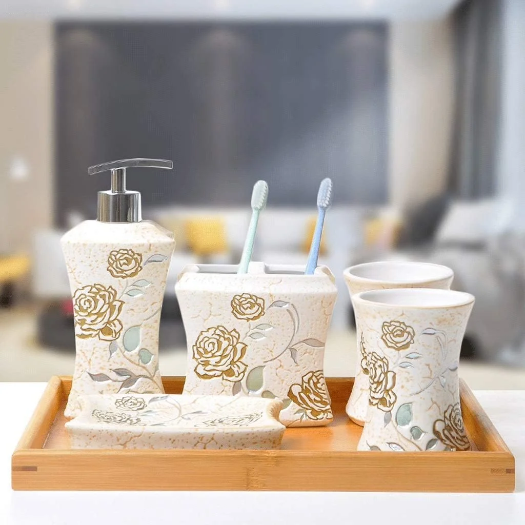 ست لوازم جانبی حمام پمپ پخش کننده گل رز طلایی HMEI، ست حمام 5/6 تکه شامل پخش کننده صابون، جا مسواکی، لیوان، جا صابونی، سینی بامبو، پخش کننده لوسیون (رنگ: ست حمام 6 تکه) ست لوازم جانبی حمام پمپ پخش کننده گل رز طلایی HMEI، ست حمام 5/6 تکه شامل پخش کننده صابون، جا مسواکی، لیوان، جا صابونی، سینی بامبو، پخش کننده لوسیون (رنگ: ست حمام 6 تکه)