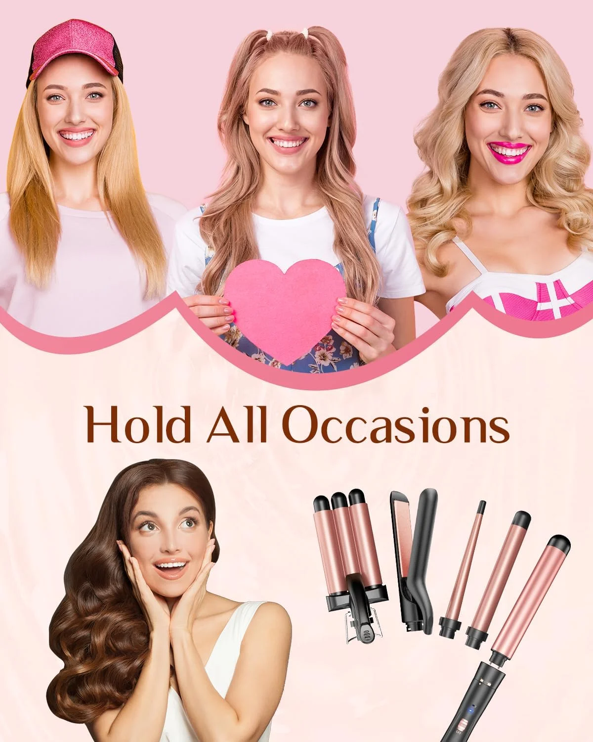 ست فر کننده مو 5 در 1 شامل 3 میله، اتو مو و موج دهنده - سرامیکی، گرم شدن سریع، 2 دما، دستکش و گیره ست فر کننده مو 5 در 1 شامل 3 میله، اتو مو و موج دهنده - سرامیکی، گرم شدن سریع، 2 دما، دستکش و گیره