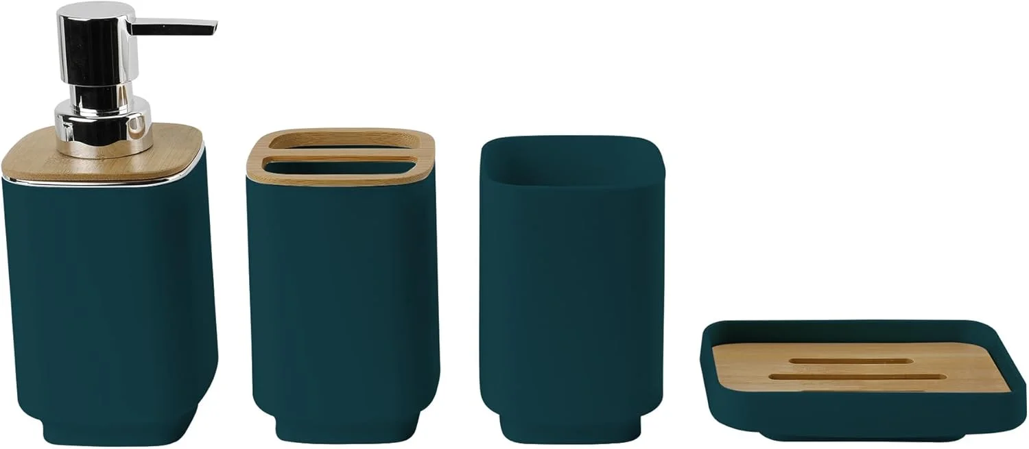 ست لوازم جانبی حمام هوسونکوی ۴ تکه شامل جای مایع لوسیون، لیوان شستشو، جای صابون، جا مسواک و خمیر دندان، ست ۴ تایی ظروف حمام (سبز تیره)