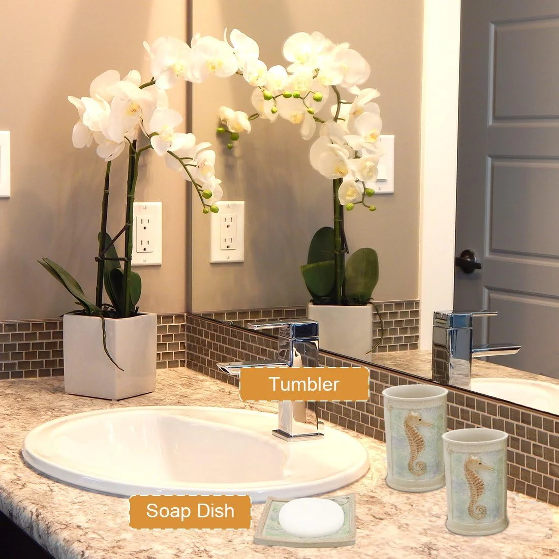 ست لوازم جانبی حمام هات‌سان، ست 5 تکه صدف ساحلی شامل جا مایع صابون، جا صابونی، لیوان، جا مسواکی - ست رزین پلی استری عاجی برای خانه، دفتر، هتل‌های لوکس