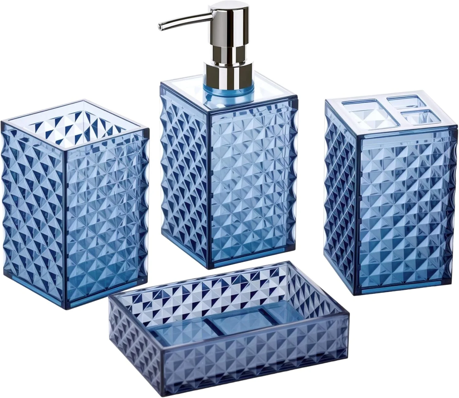 ست لوازم جانبی حمام آبی، 4 تکه، شامل جای مسواک، جای مایع دستشویی، ظرف صابون و لیوان، با طرح الماسی آبی، مناسب برای دکوراسیون روشویی حمام، ساخته شده از پلاستیک