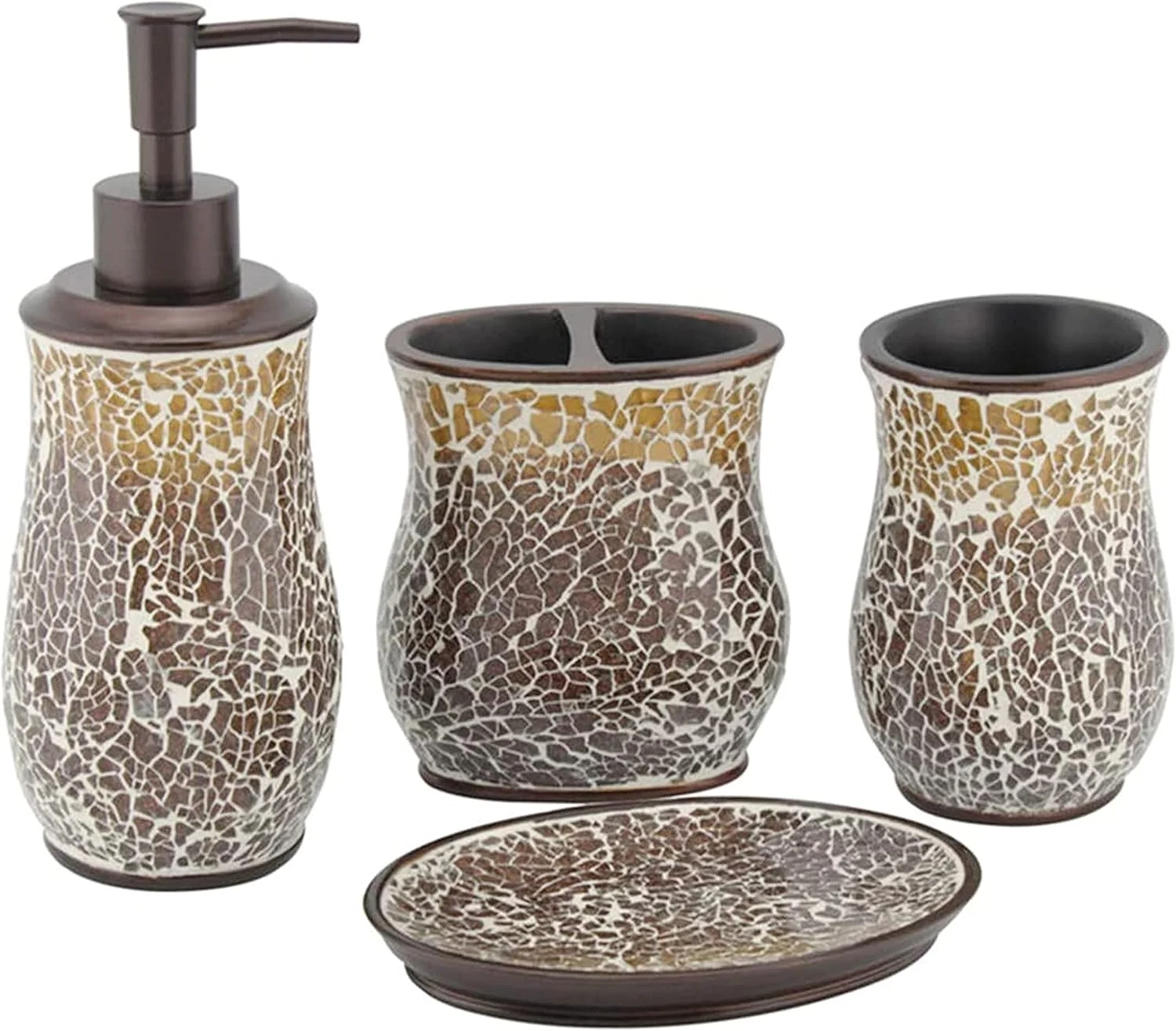 ست لوازم جانبی حمام 4 تکه شیشه موزاییکی رزینی، مجموعه ست های دکور توالت حمام شامل جا مایع صابون، جا مسواکی، لیوان، جا صابونی، پیشخوان روشویی حمام قهوه ای