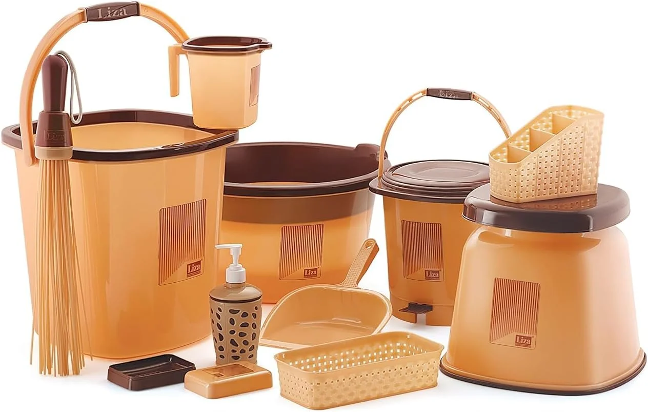 ست لوازم حمام لیزا ۱۱ تکه، شامل سطل (۱۸ لیتری)، لگن (۱۸ لیتری)، لیوان (۱ لیتری)، سطل زباله فشاری، چهارپایه بزرگ، جای صابون، جا قاشقی، خاک انداز، جارو متوسط، جا مایع دستشویی (Opera11 در هر رنگ)