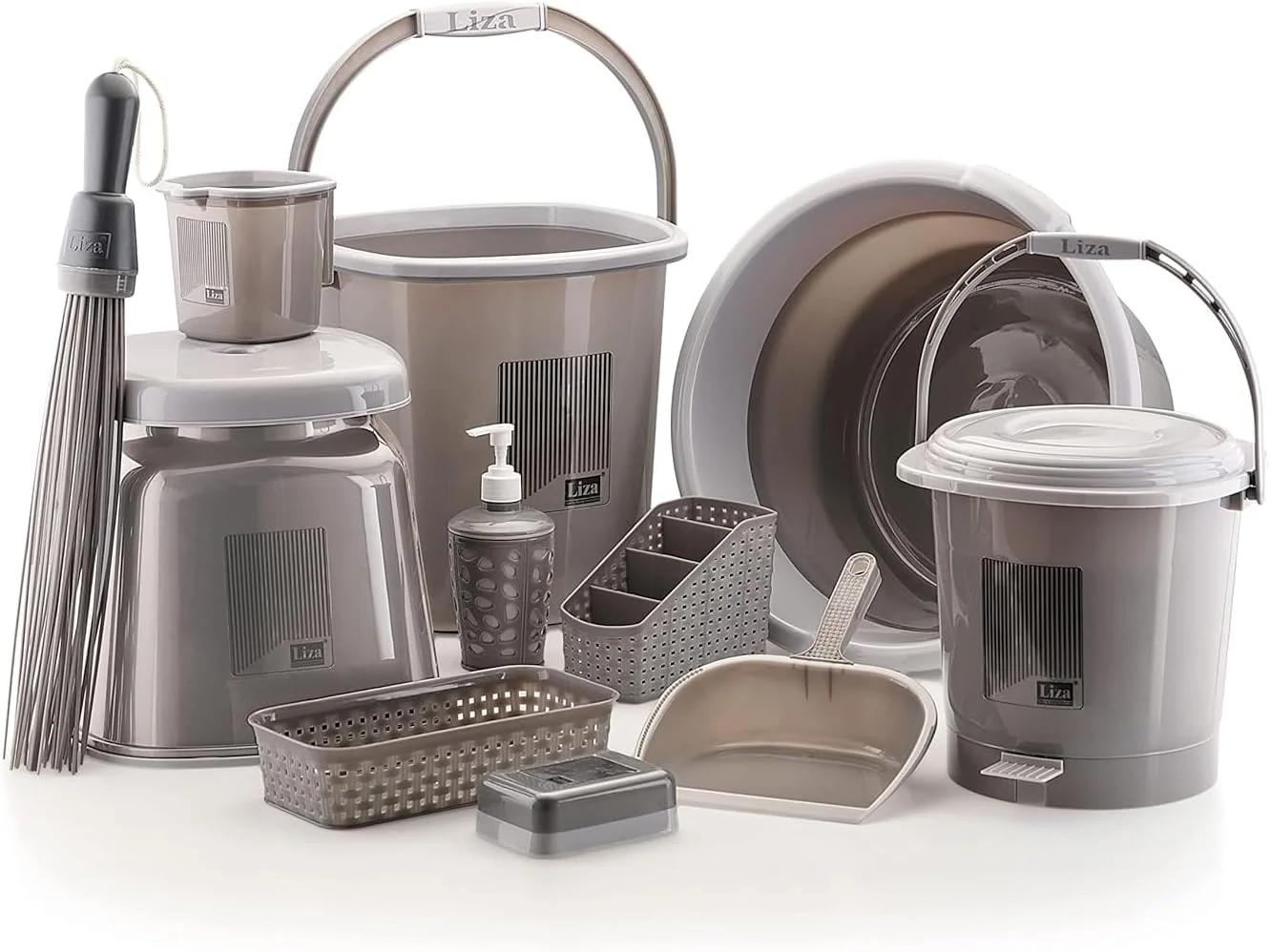 ست لوازم حمام لیزا ۱۱ تکه، شامل سطل (۱۸ لیتری)، لگن (۱۸ لیتری)، لیوان (۱ لیتری)، سطل زباله فشاری، چهارپایه بزرگ، جای صابون، جا قاشقی، خاک انداز، جارو متوسط، جا مایع دستشویی (Opera11 در هر رنگ)
