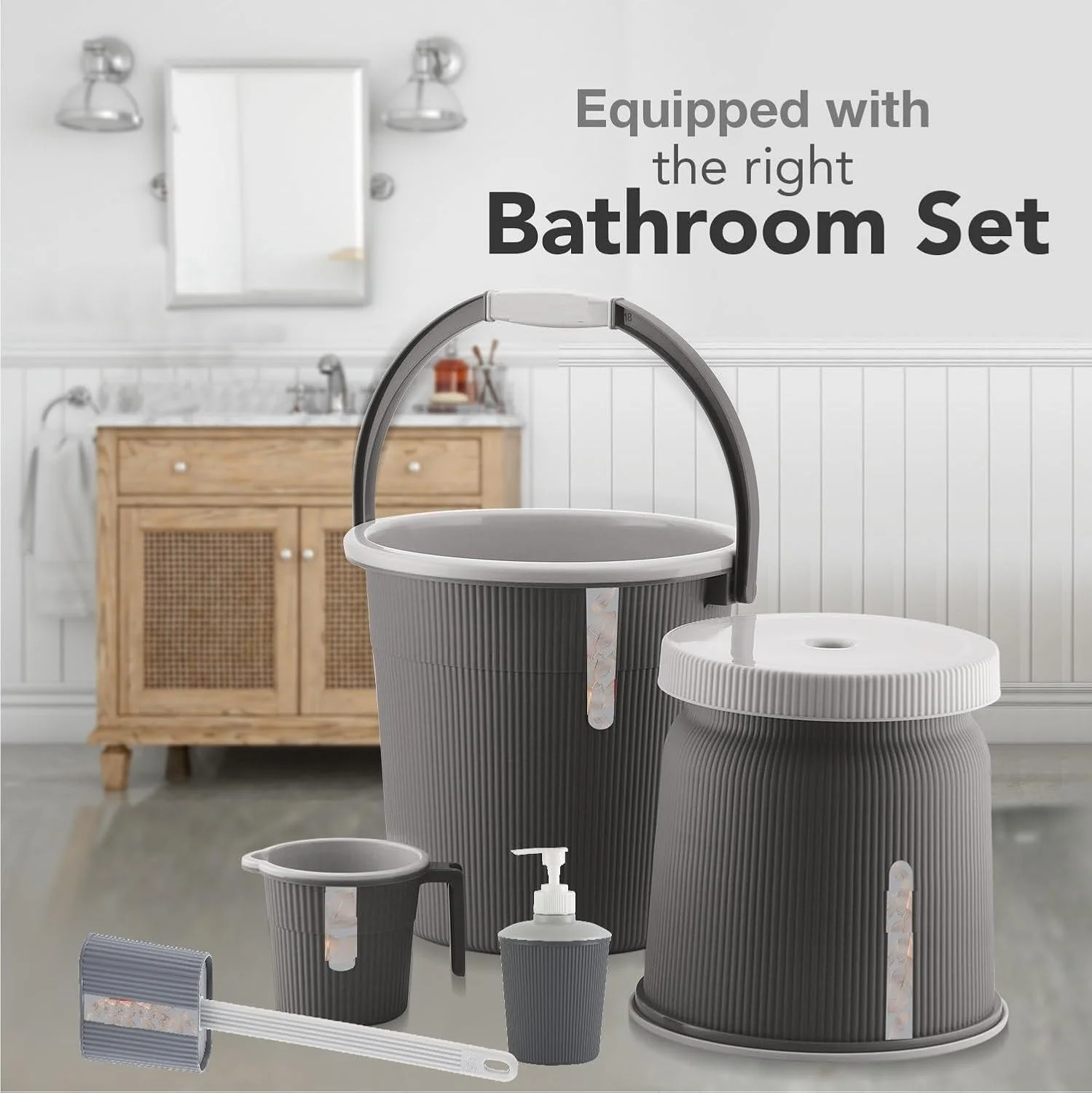 مجموعه 5 تکه لوازم جانبی حمام لیزا نیوتون، ست پلاستیکی حمام شامل سطل پلاستیکی 20 لیتری، لیوان کوچک، چهارپایه بزرگ، جا مایع و برس توالت برای خانه، آشپزخانه و حمام (خاکستری تیره) مجموعه 5 تکه لوازم جانبی حمام لیزا نیوتون، ست پلاستیکی حمام شامل سطل پلاستیکی 20 لیتری، لیوان کوچک، چهارپایه بزرگ، جا مایع و برس توالت برای خانه، آشپزخانه و حمام (خاکستری تیره)